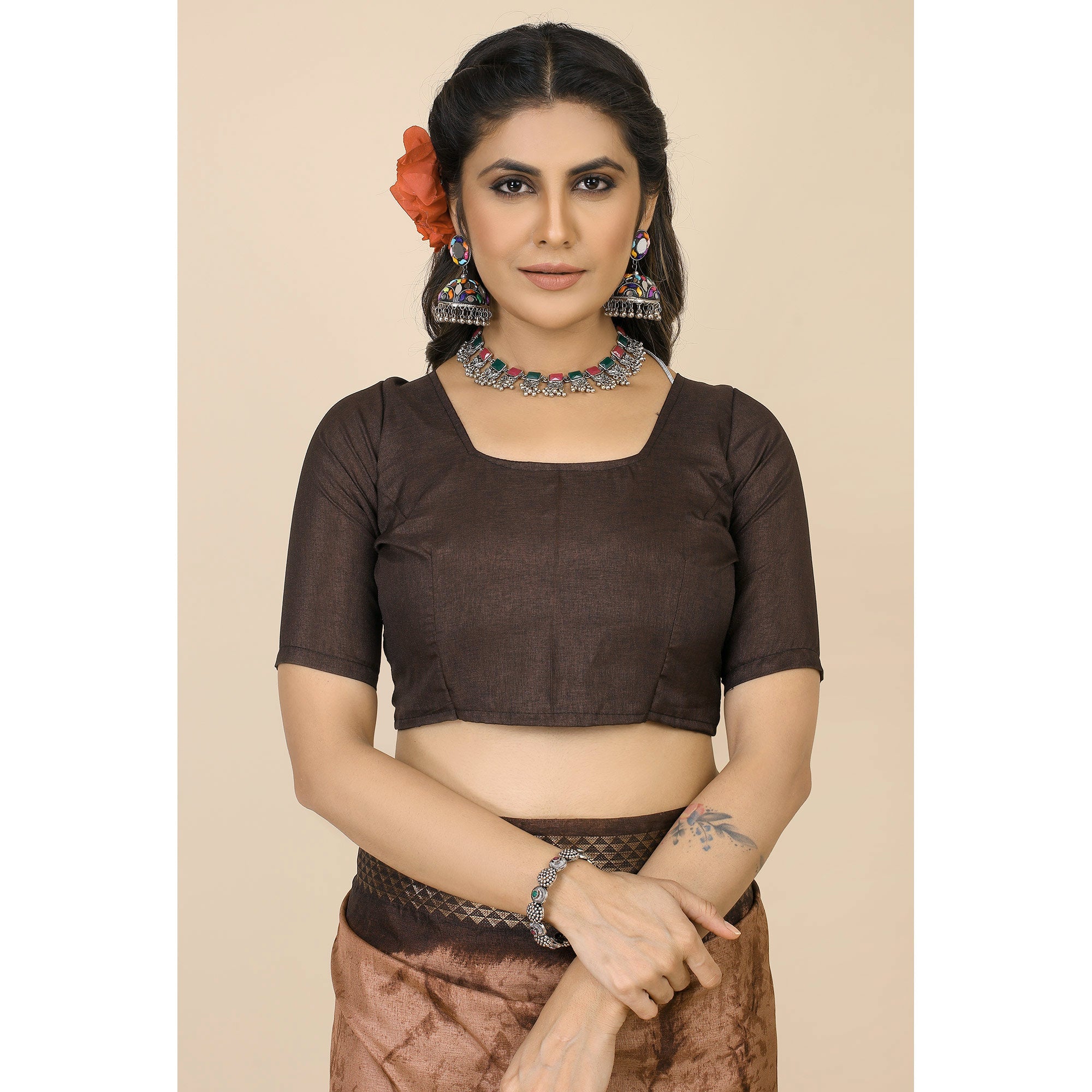 Peachmode Coffee Brown Printed Cotton Silk Saree With Zari Border - view 7