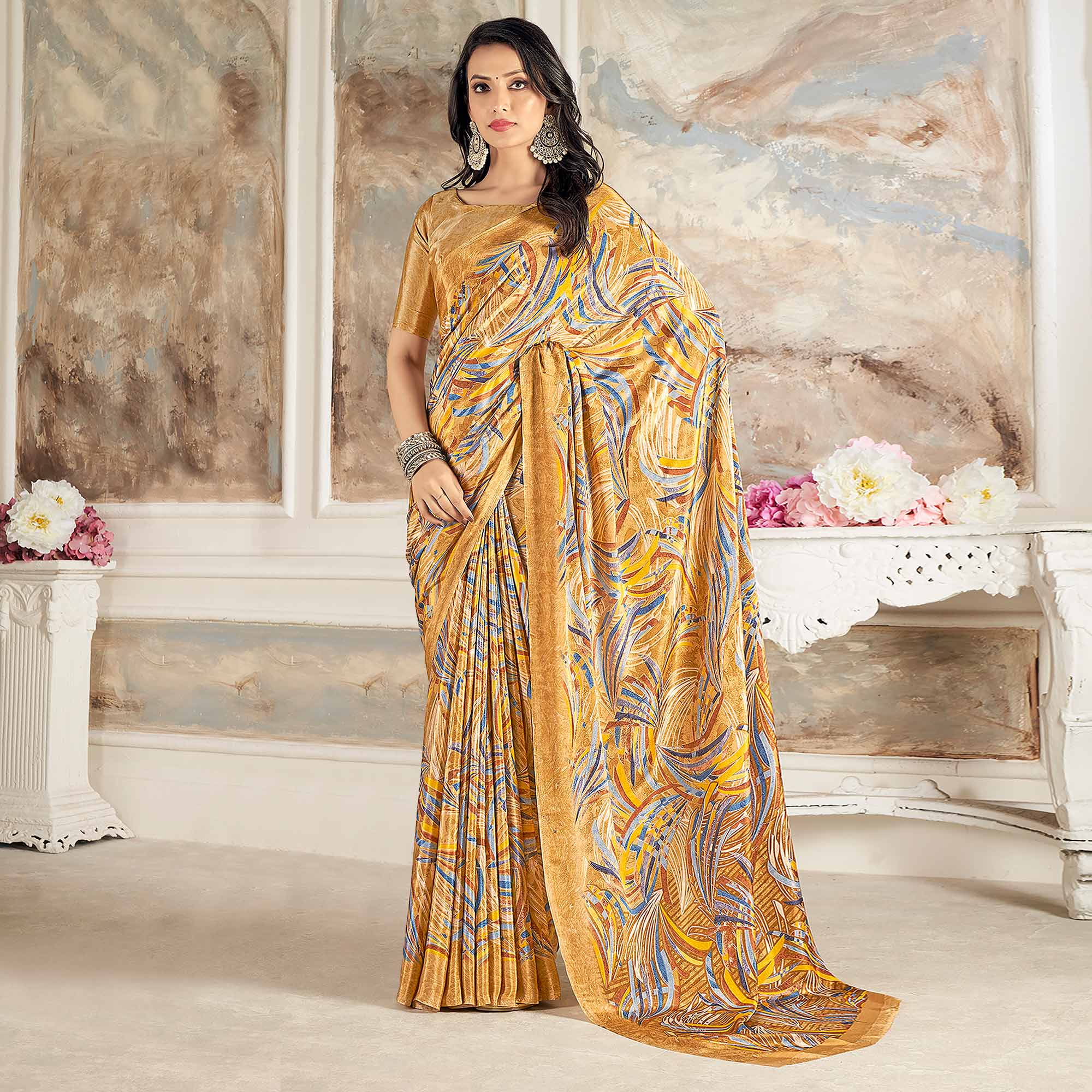 Peachmode Chikoo Printed Crepe Silk Saree – Women's