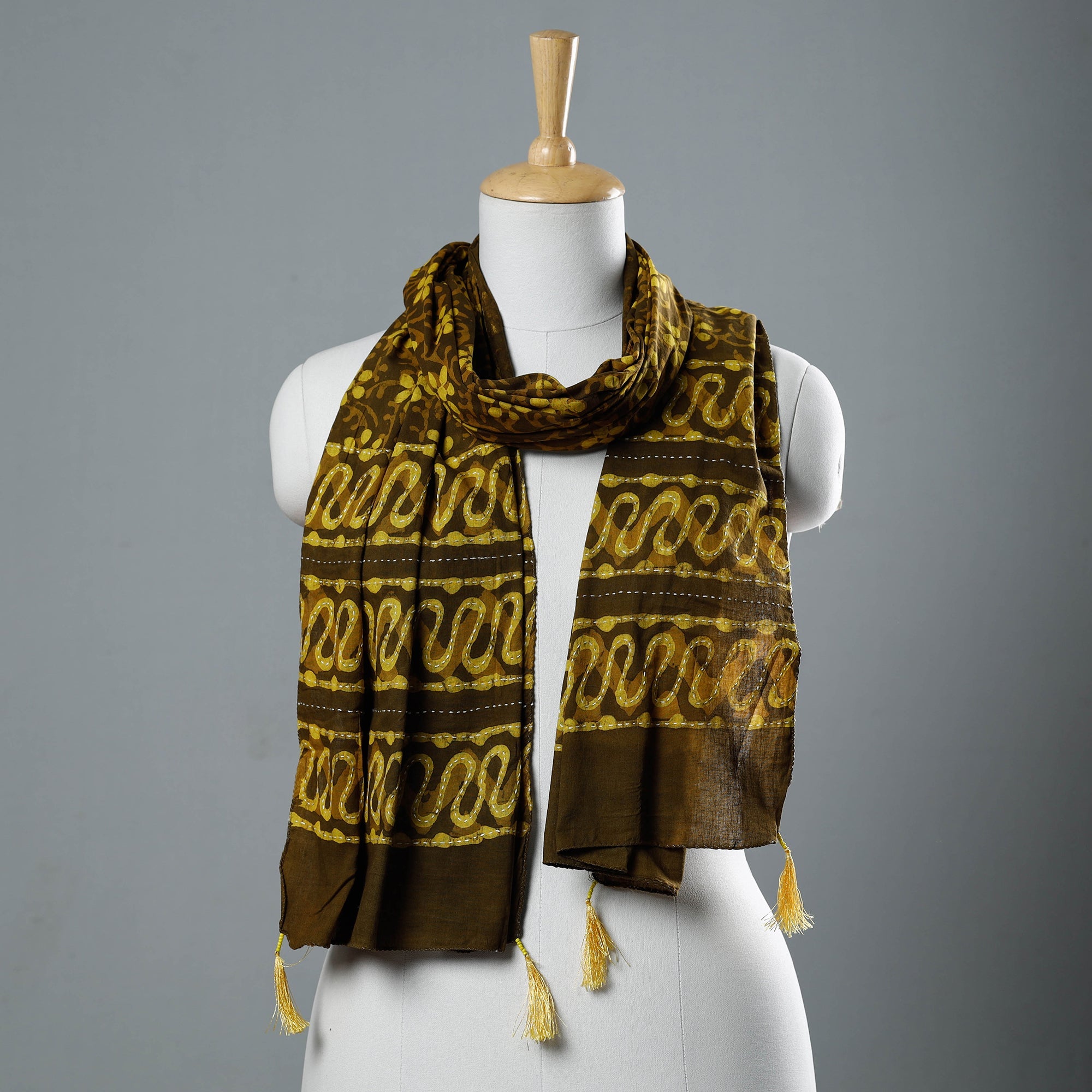 ARTISAN HAND BLOCK PRINTS Brown - Bagru Block Printed Tagai Work Cotton Stole with Tassels