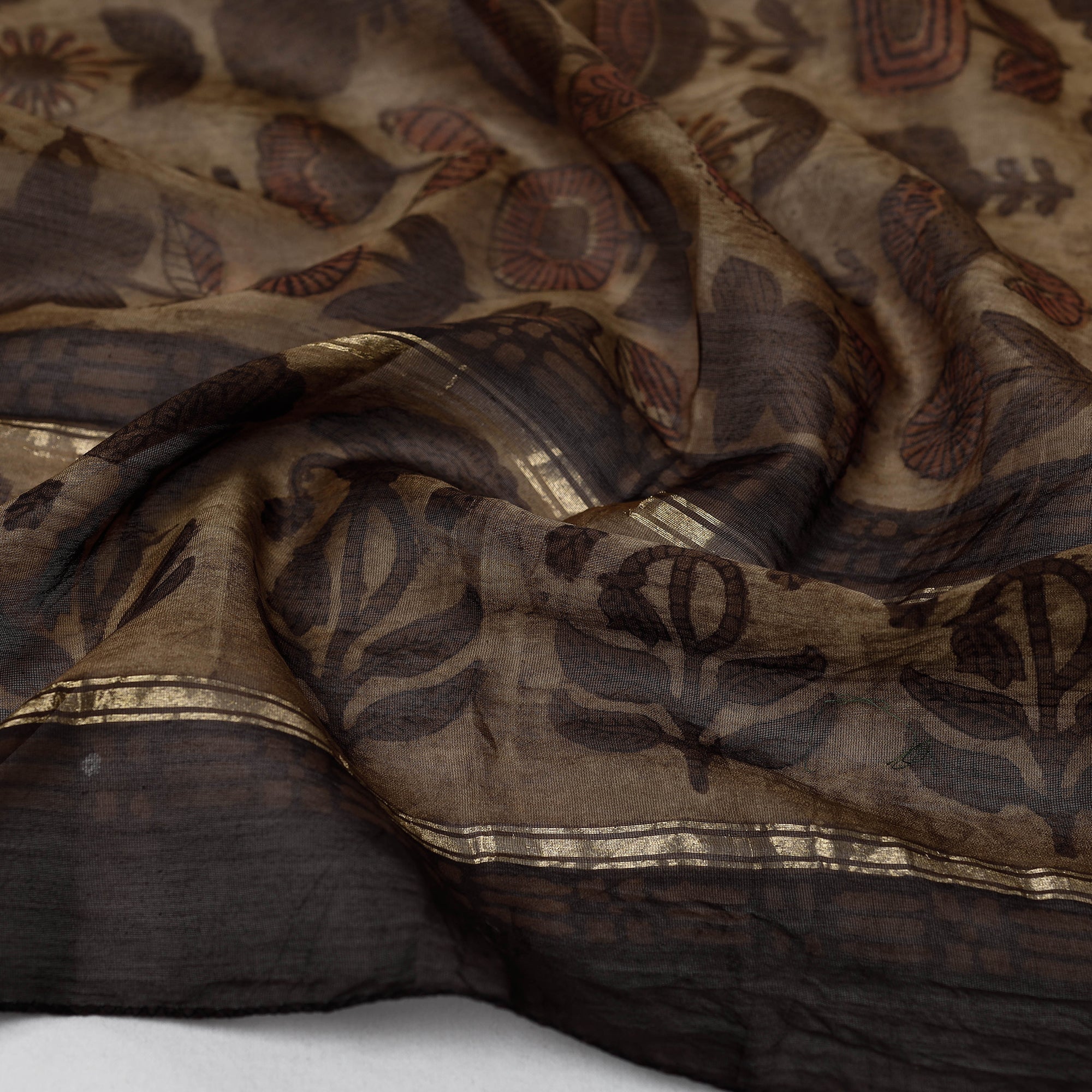 BAGRU DABU PRINTS Brown - Bagru Block Printed Chanderi Silk Handloom Stole with Zari Border - view 3