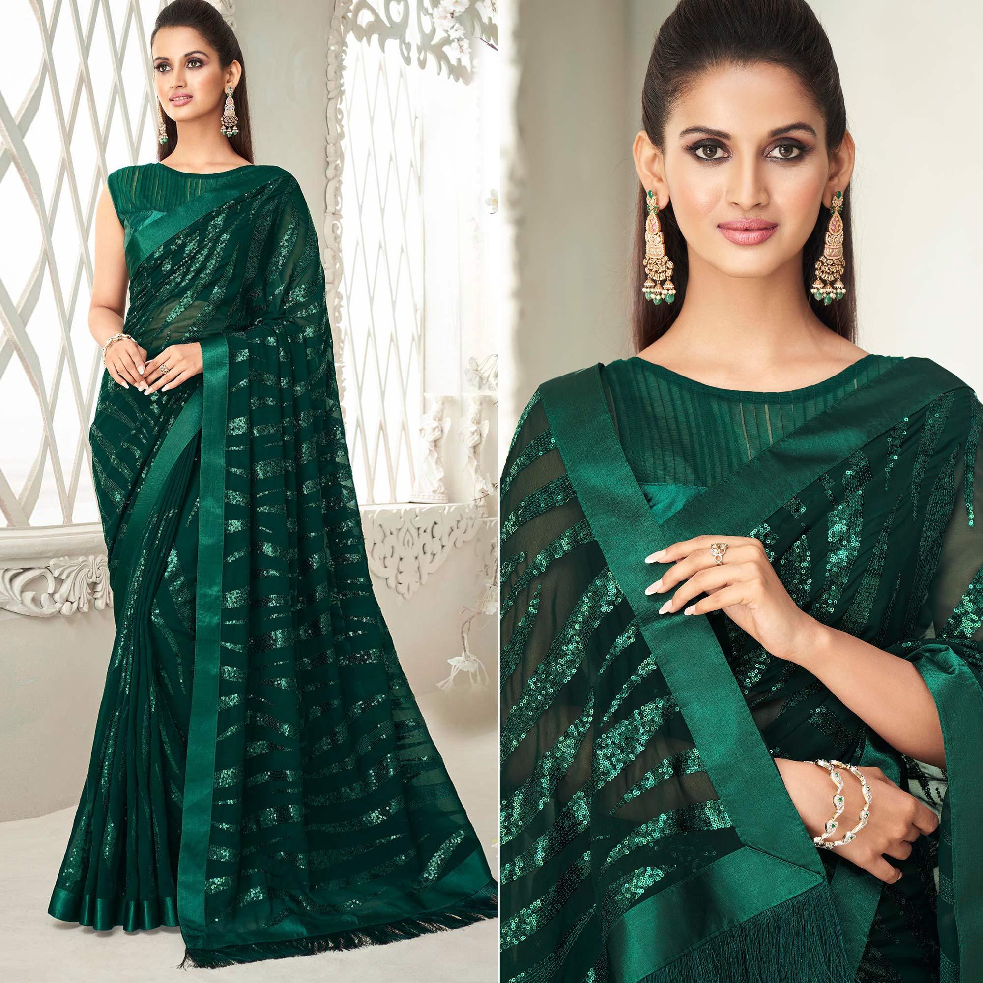 Peachmode Bottle Green Sequins Embroidered Georgette Saree With Tassels