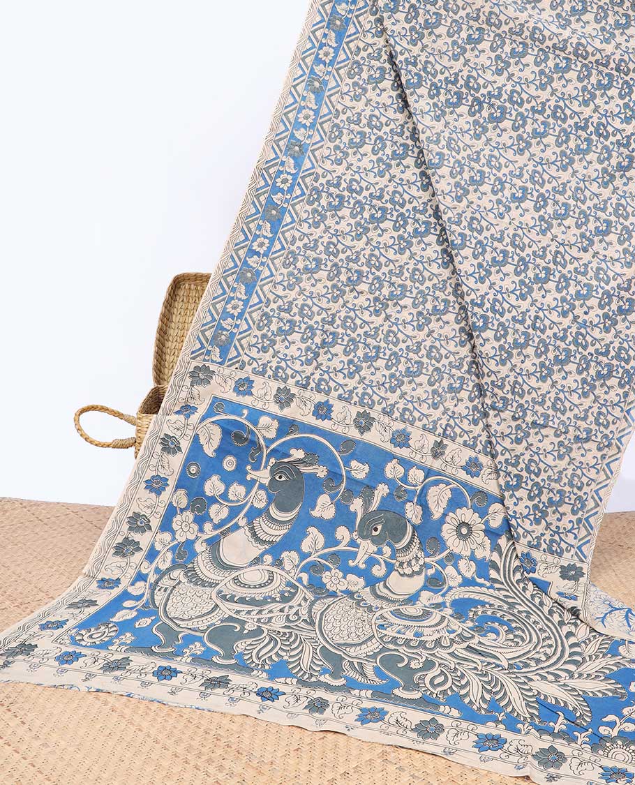 Pothys Blue floral machine-printed kalamkari cotton saree, floral border & peacock pallu