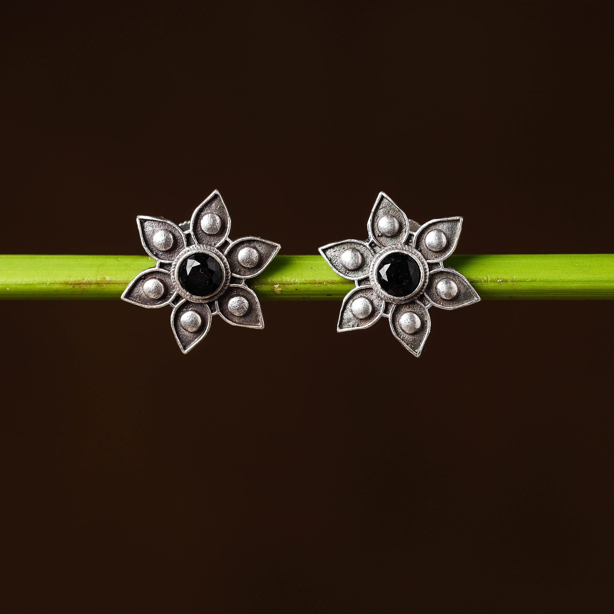 WHITE RIVER STORIES Antique Silver Finish Oxidised Brass Base Stone Work Stud Earrings