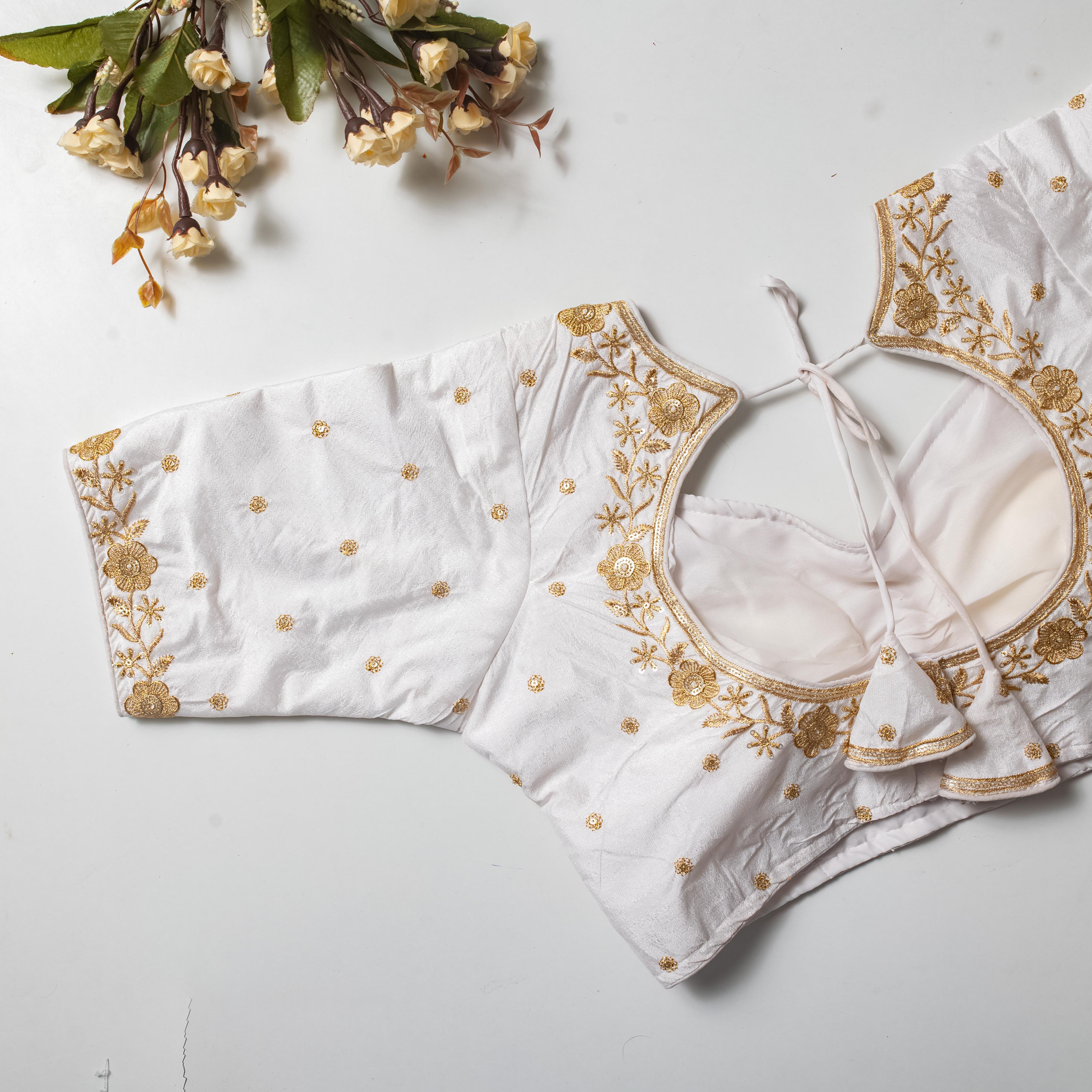 ClothsVilla White Olive Silk Blouse with Golden Embroidery and Sequins - view 2