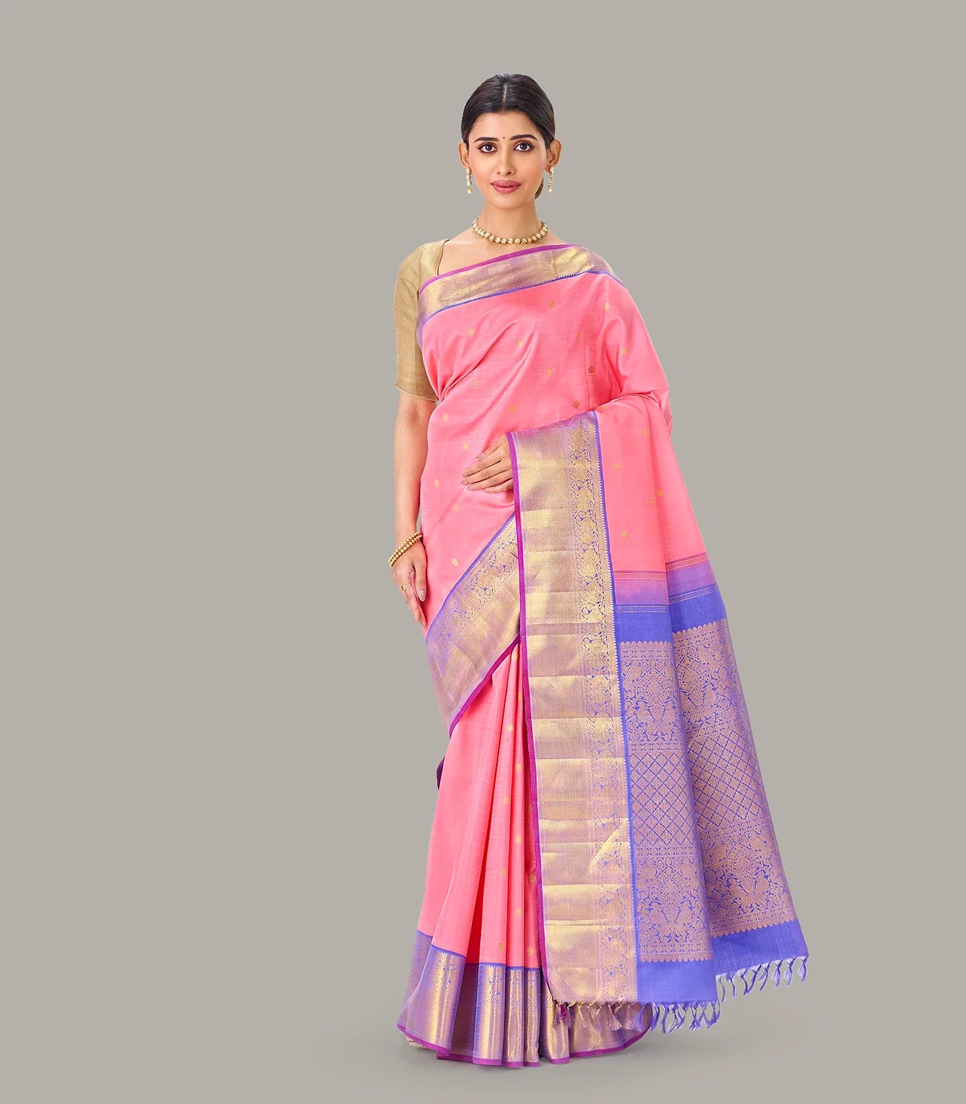 RmKV Baby Pink Handloom Kanchipuram Korvai Silk Saree and Zari Buttas