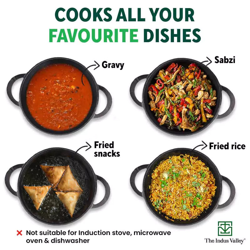 The Indus Valley CASTrong Cast Iron Kadai+ Free ₹110 Spatula, Pre-seasoned, Nonstick, 100% Pure, Toxin-free, 25.2cm, 2.2L, 2.37kg - view 11