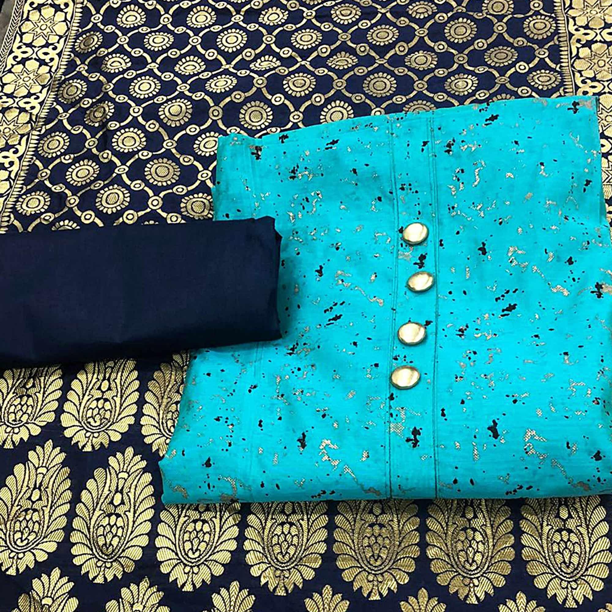 Peachmode Classy Sky Blue Colored Casual Wear Printed Chanderi Dress Material With Banarasi Silk Dupatta
