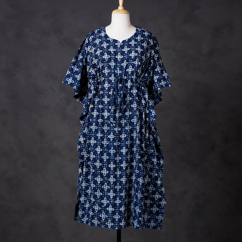KACHCHH JI CHHAAP Blue - Hand Block Printed Cotton Kaftan with Tie-Up Waist (Long)