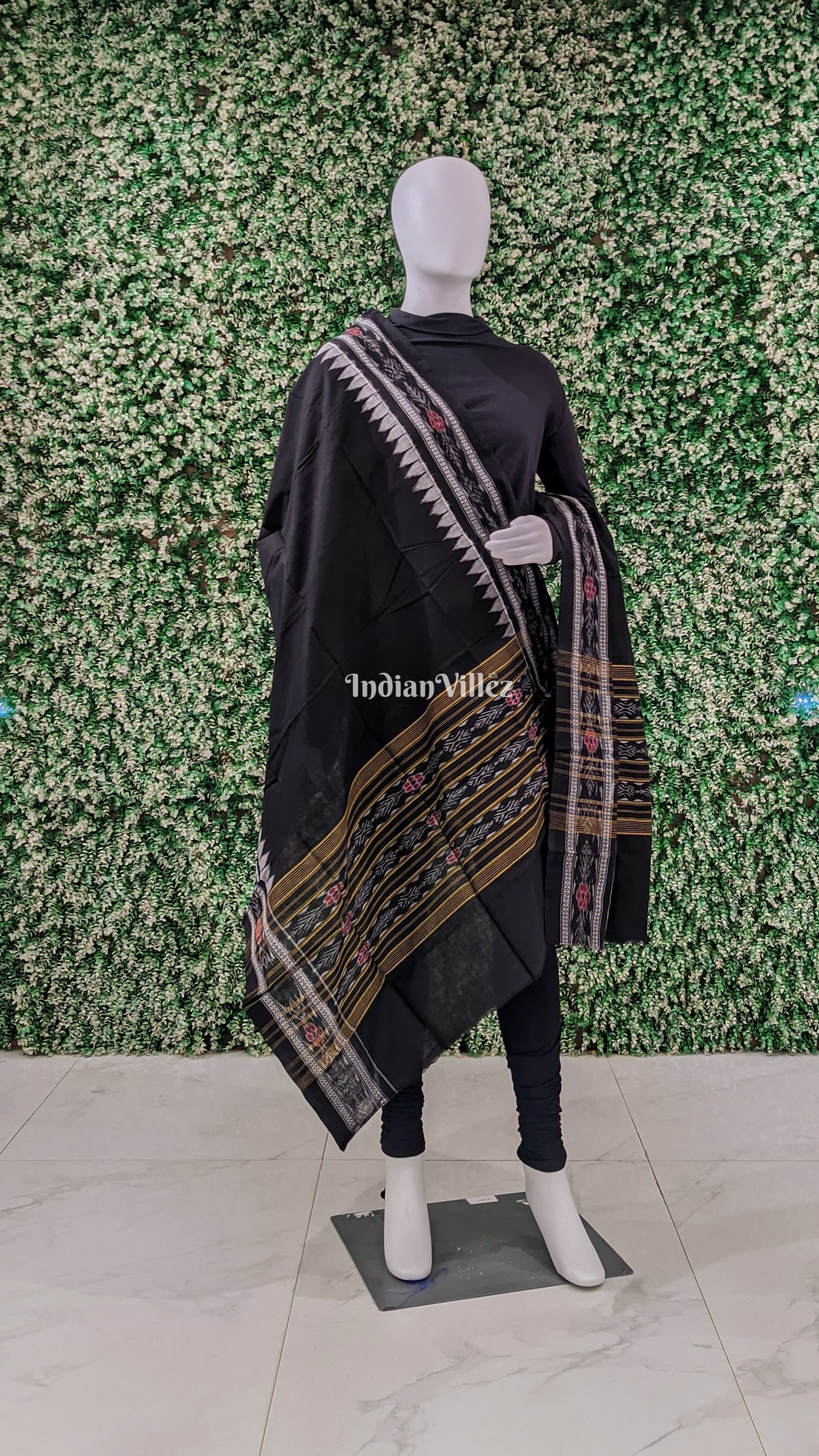 IndianVillèz Black Handwoven Odisha Ikat Cotton Dupatta