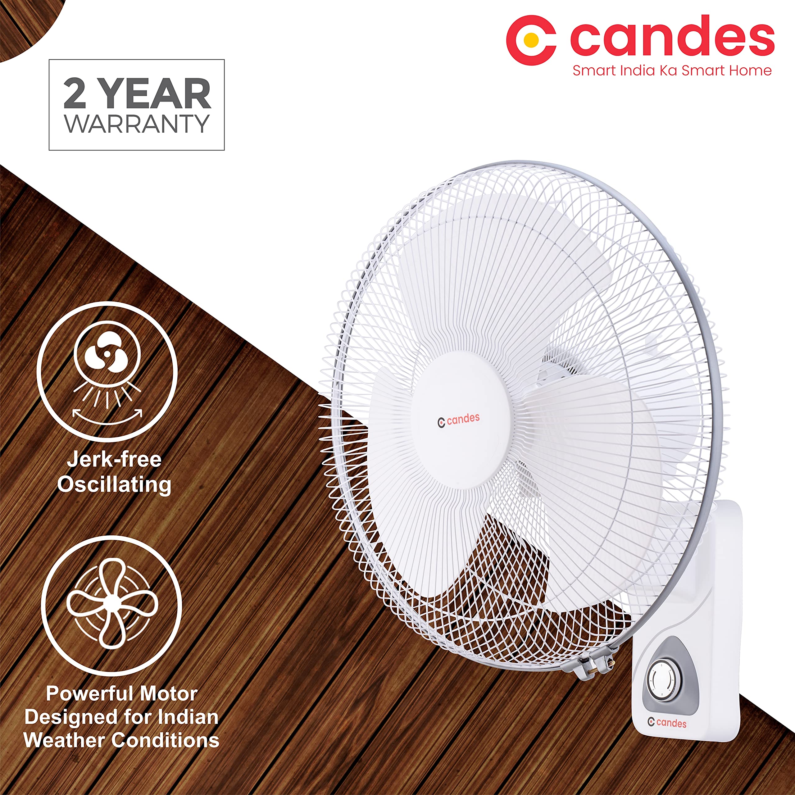 Candes Aura 3 Blade Automatic Oscillation Wall Fan With 2 Year Warranty (White Silver, 300mm) - view 2