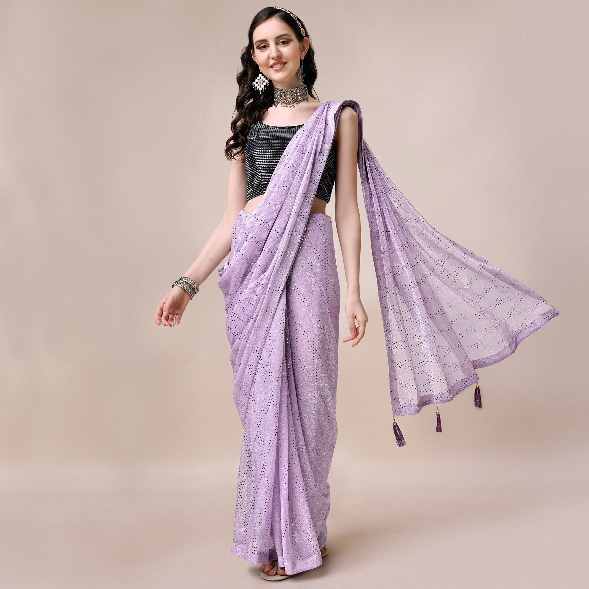 Peachmode Light Purple Foil Printed Rayon Saree