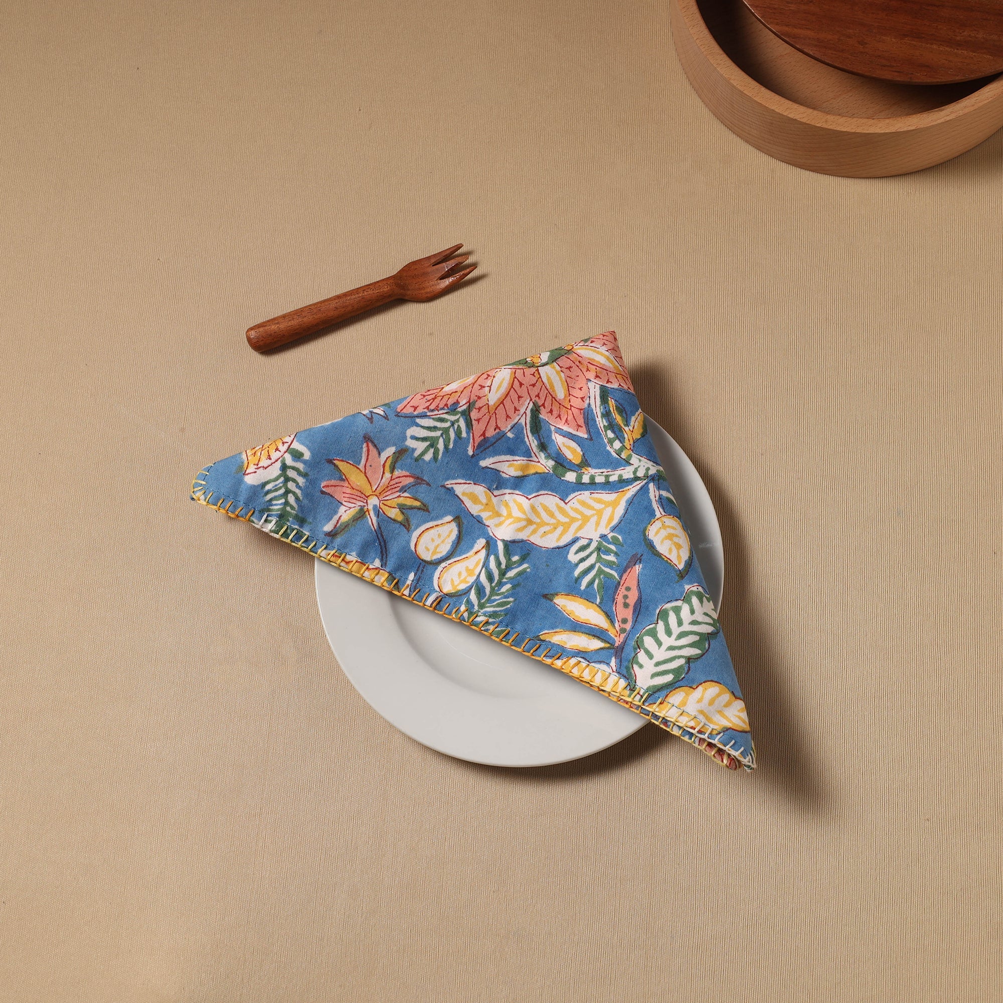 NOORI BAZAR Blue - Floral Block Print Cotton Hand Embroidery Table Napkin 01