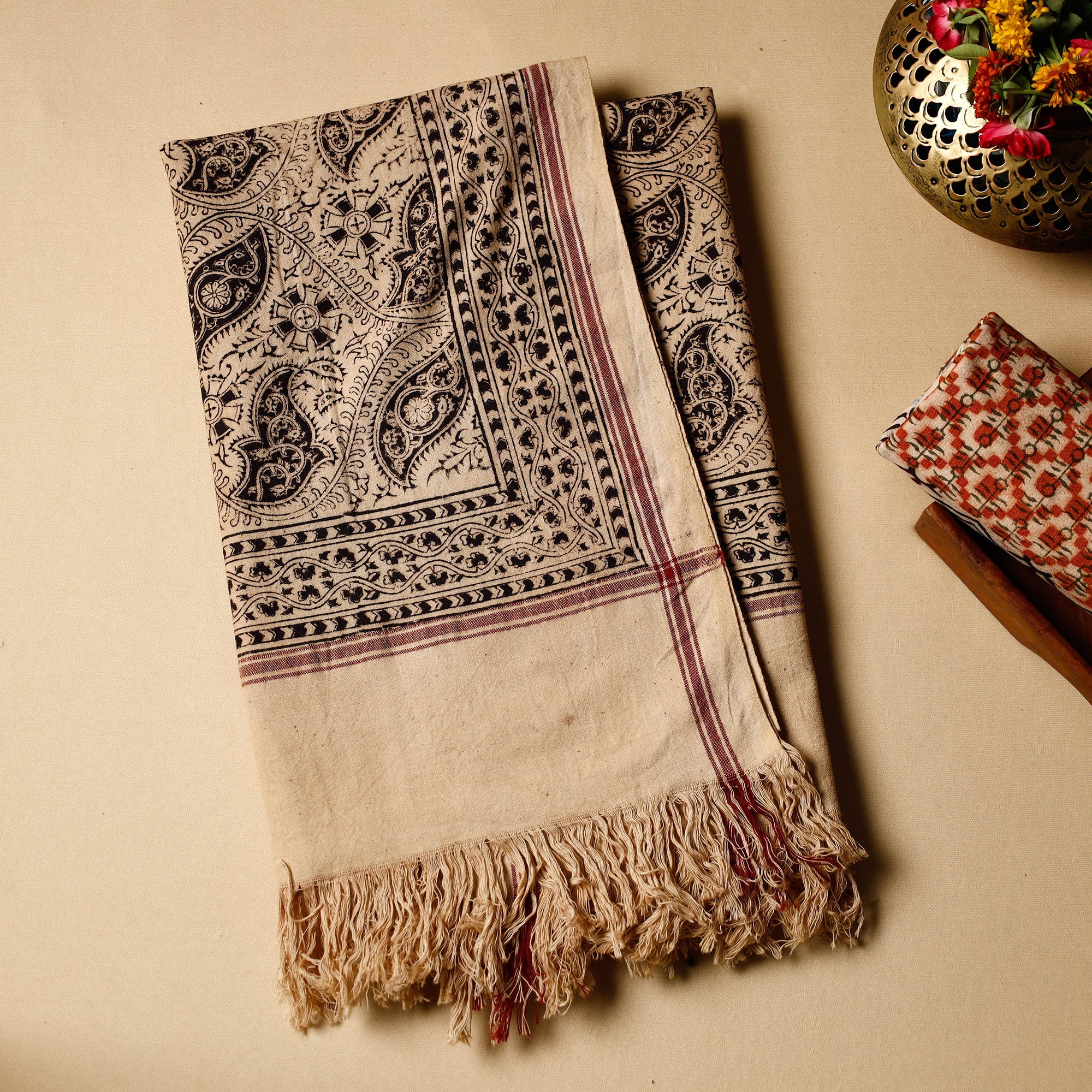 PITCHUKA SRINIVAS KALAMKARI PEDANA Beige - Pedana Kalamkari Block Printed Handloom Cotton Towel