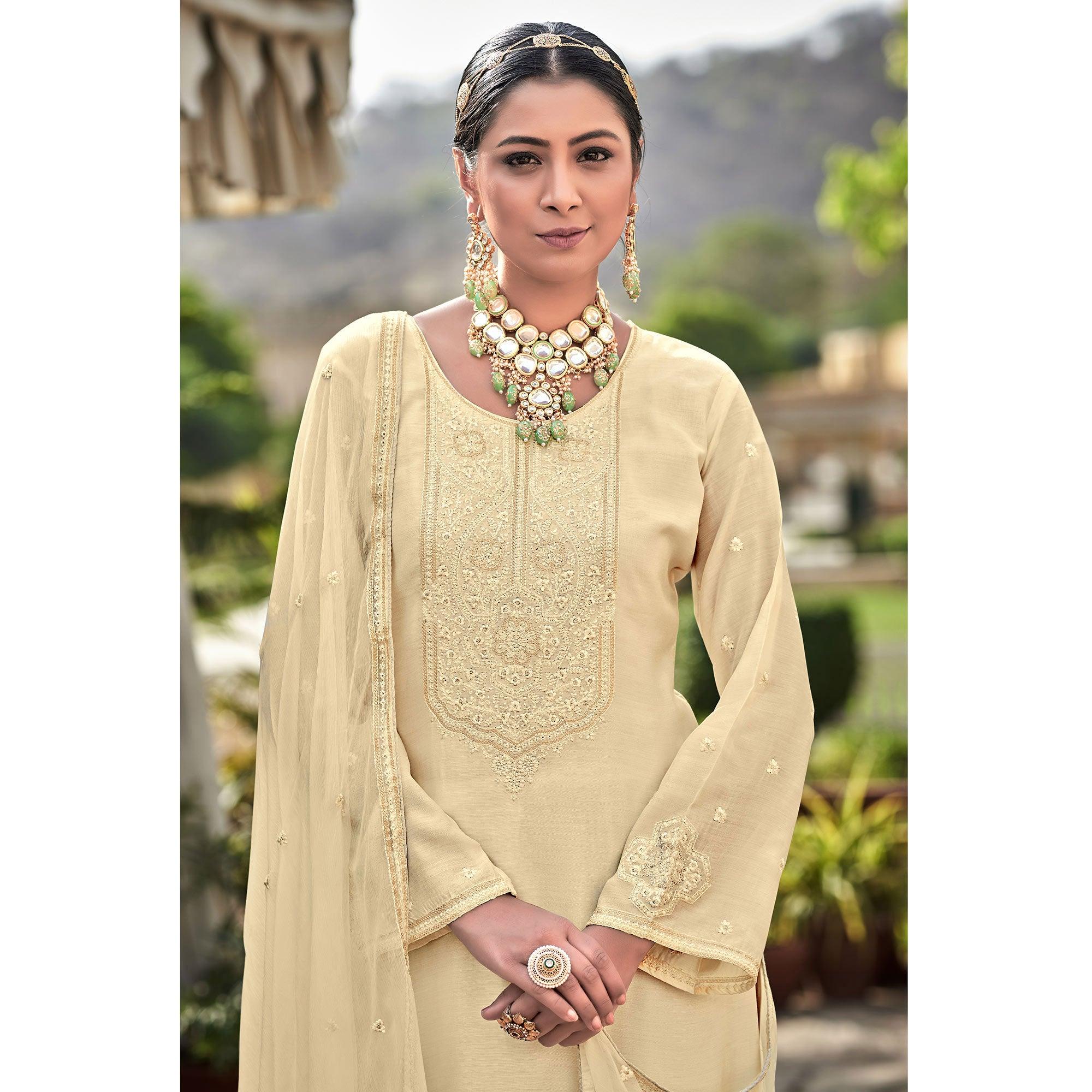 Peachmode Cream Embroidered Cotton Silk Suit - view 4