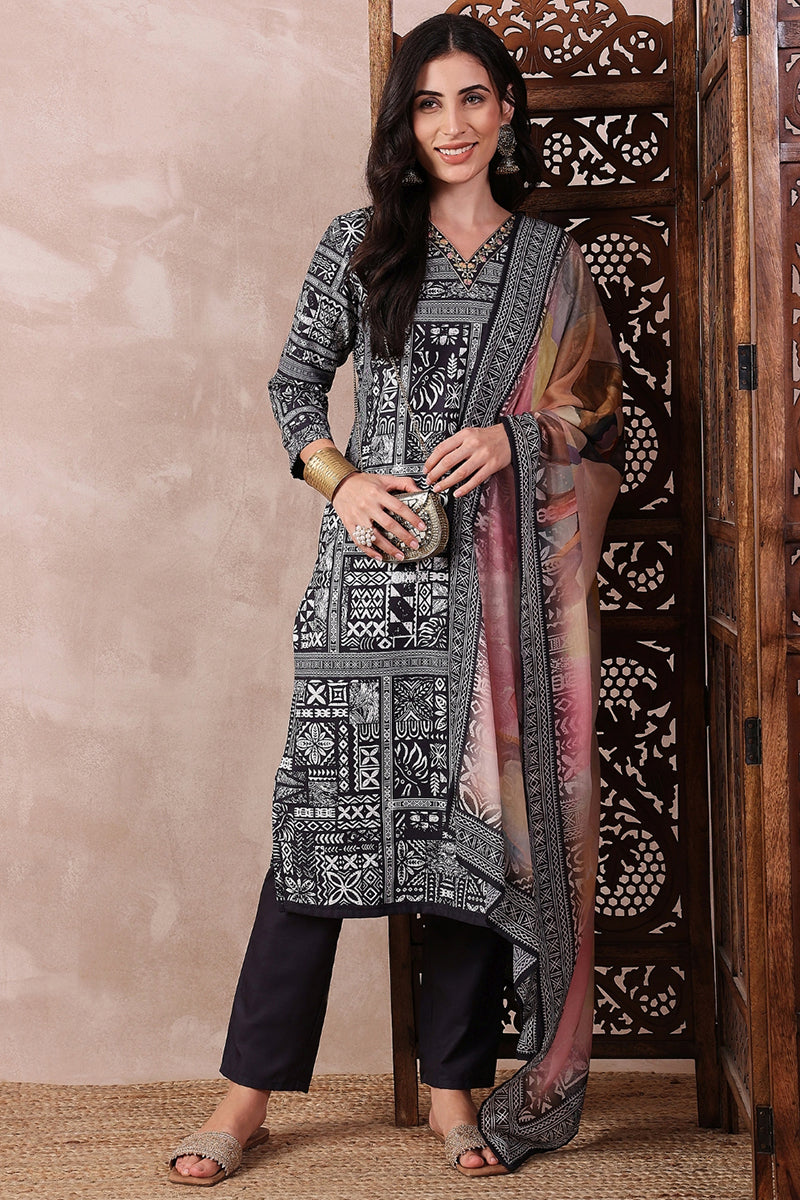 Ahika Black Rayon Blend Geometric Printed Straight Trouser Bottom Suit Set PKSKD2542BLK