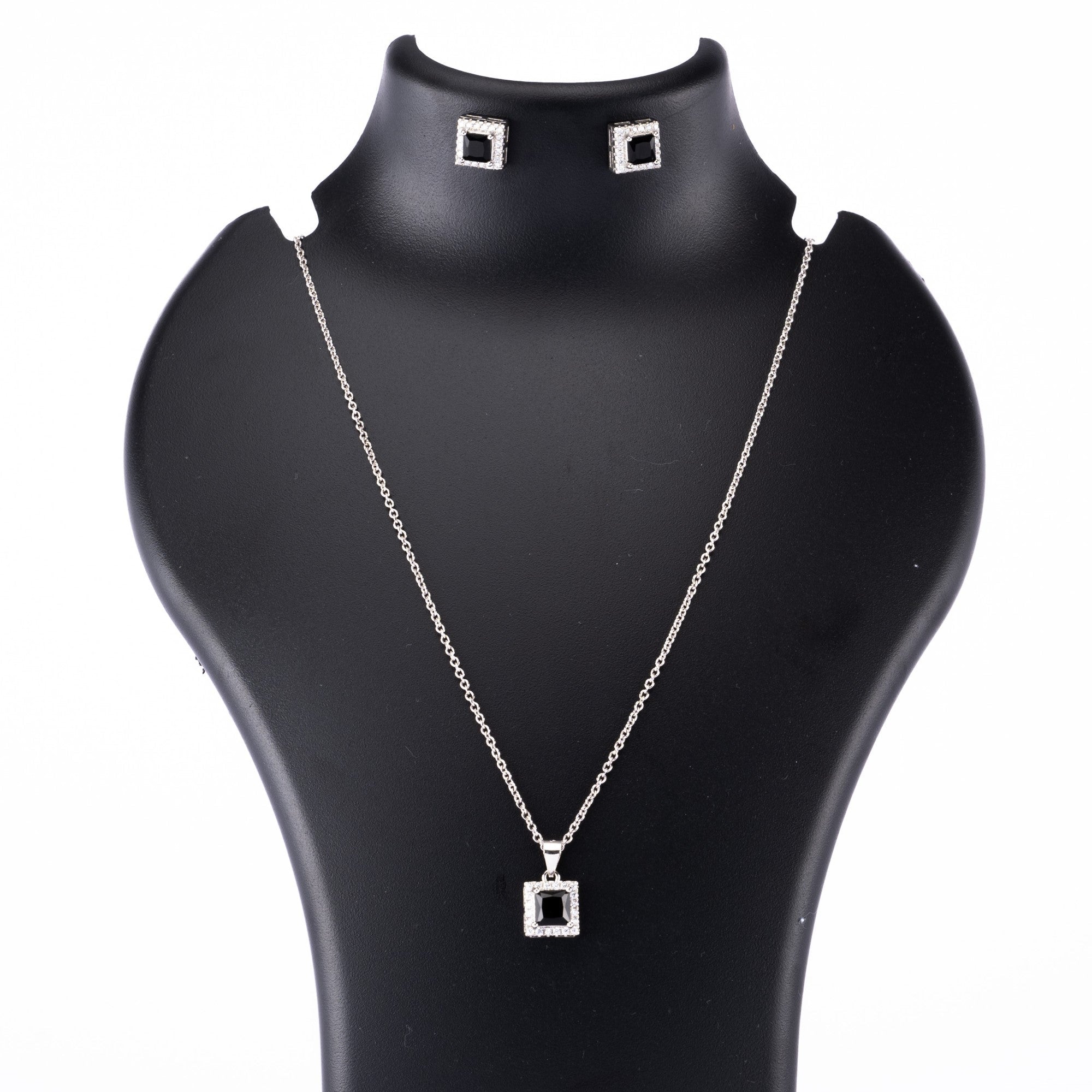 Prinjal Jewellers Silver set Chain square pendant and earrings with black stones for women