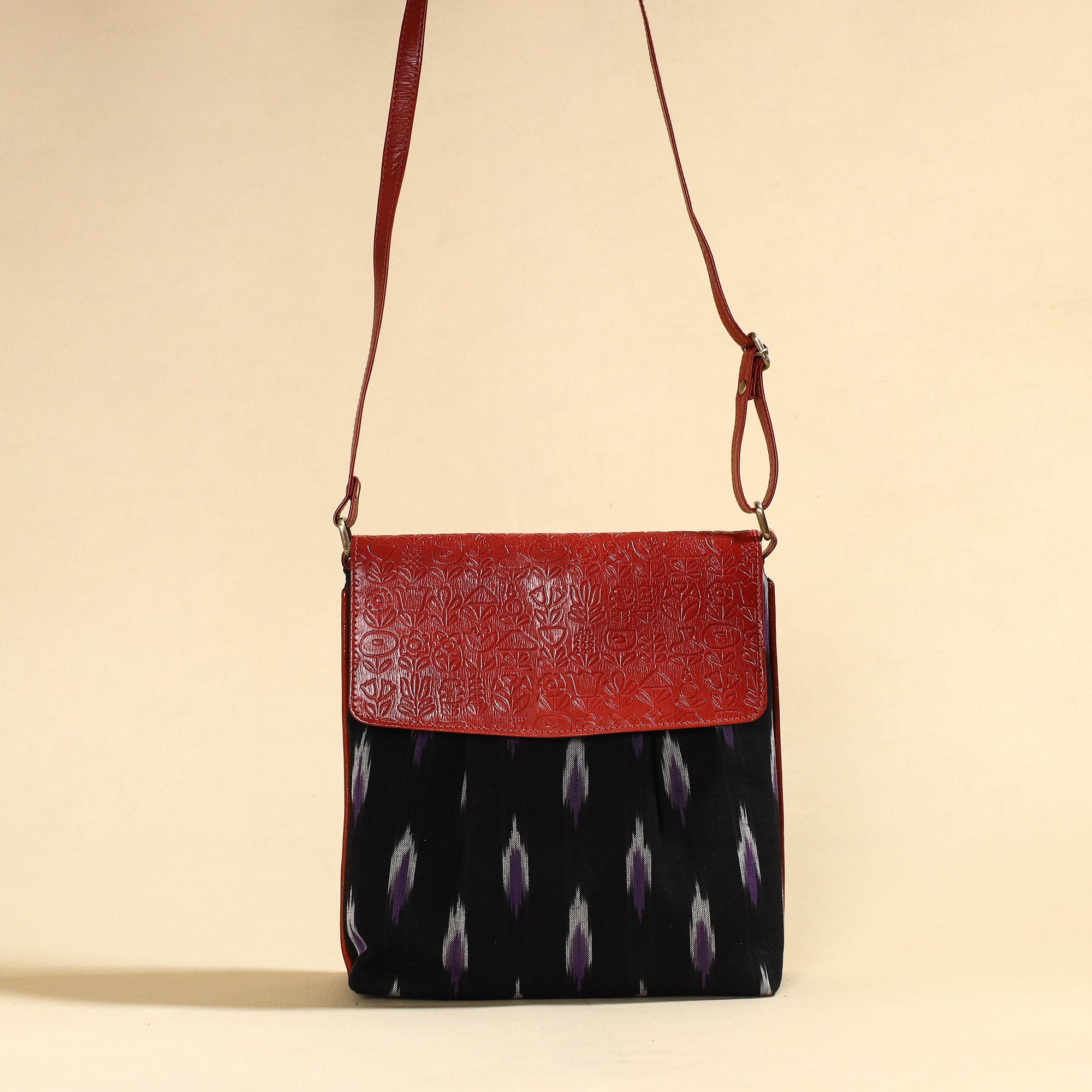 ASALKAAR Black - Handcrafted Ikat Fabric Sling Bag with Embossed Leather Flap