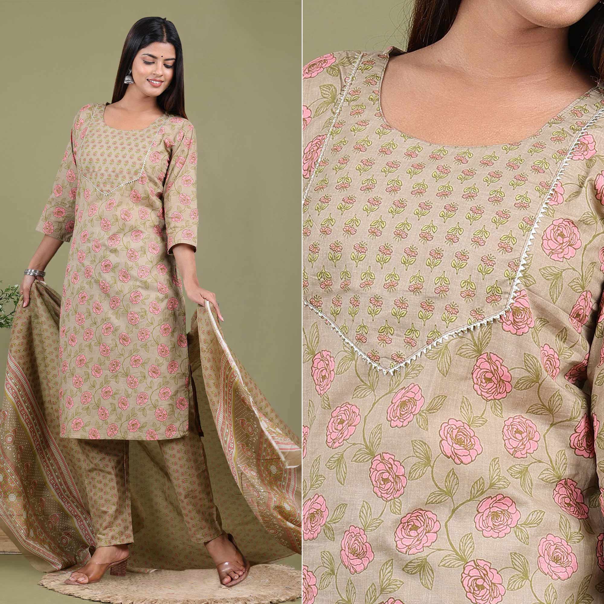 Peachmode Seller Light Brown Floral Printed Pure Cotton Suit