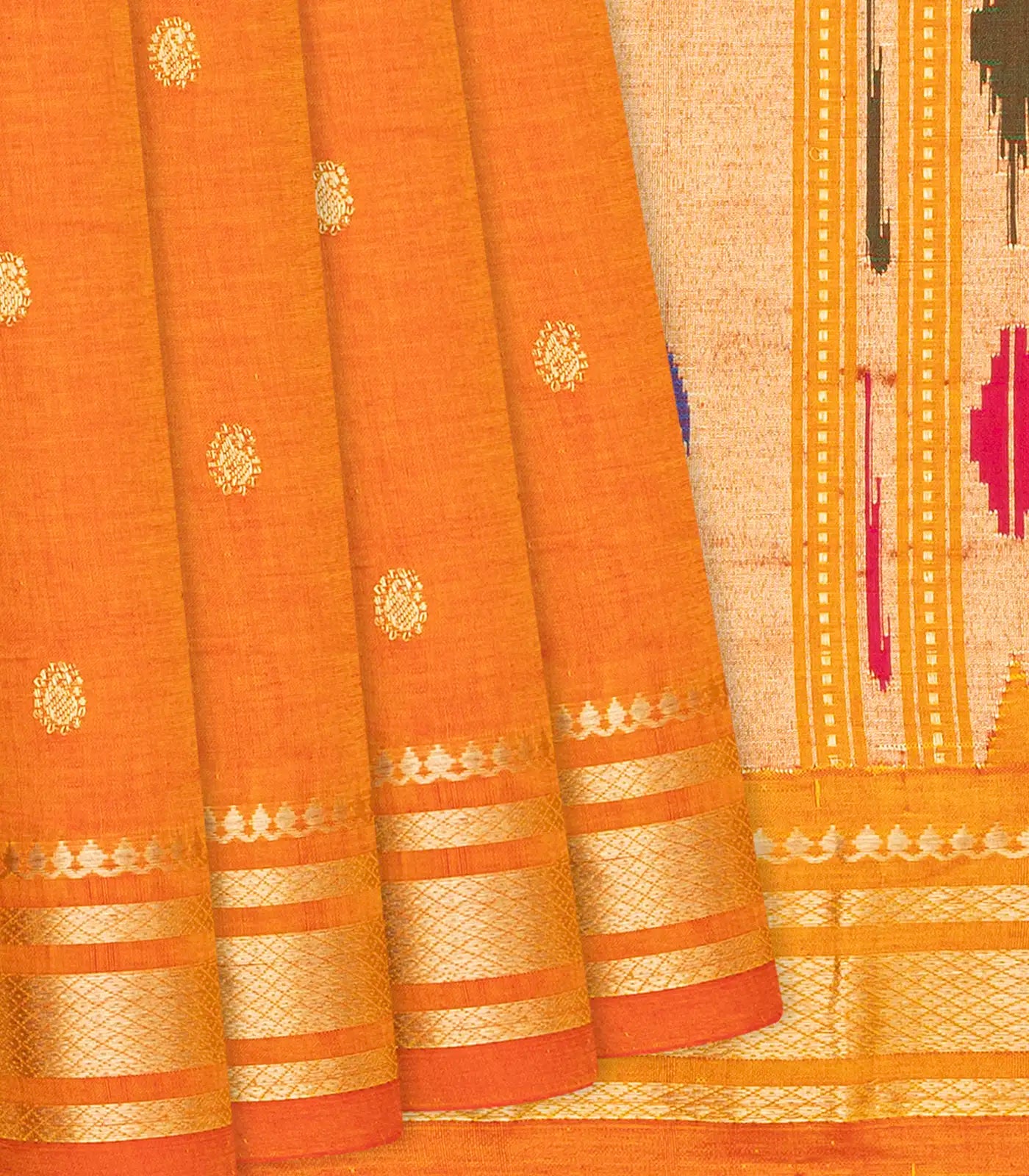 RmKV Orange Handloom Paithani Silk Saree With Mango Buttas-Orange