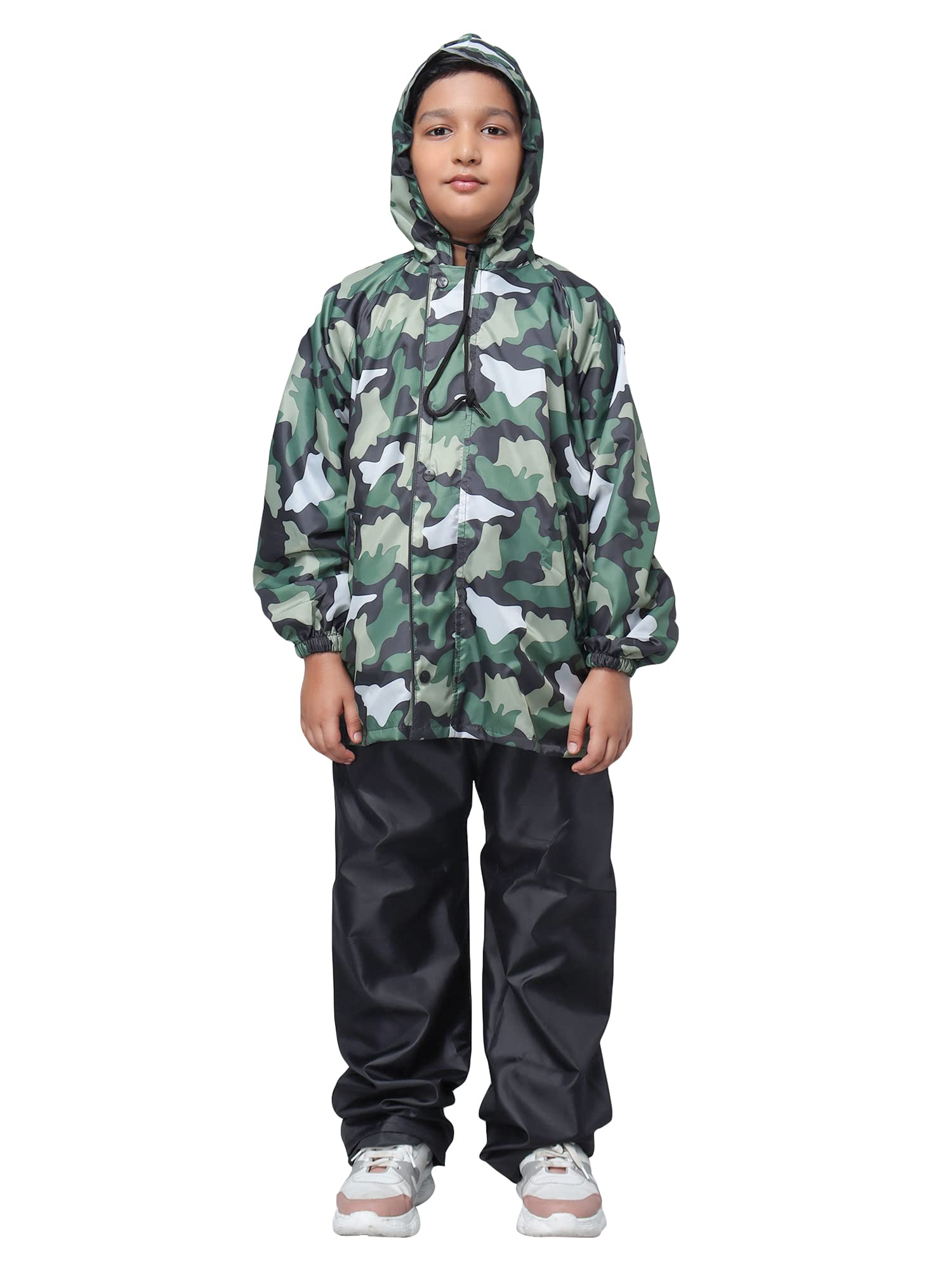 THE CLOWNFISH Duke Series Kids Waterproof Polyester Double Coating Reversible Standard Length Raincoat With Hood, Set Of Top And Bottom. Printed Plast