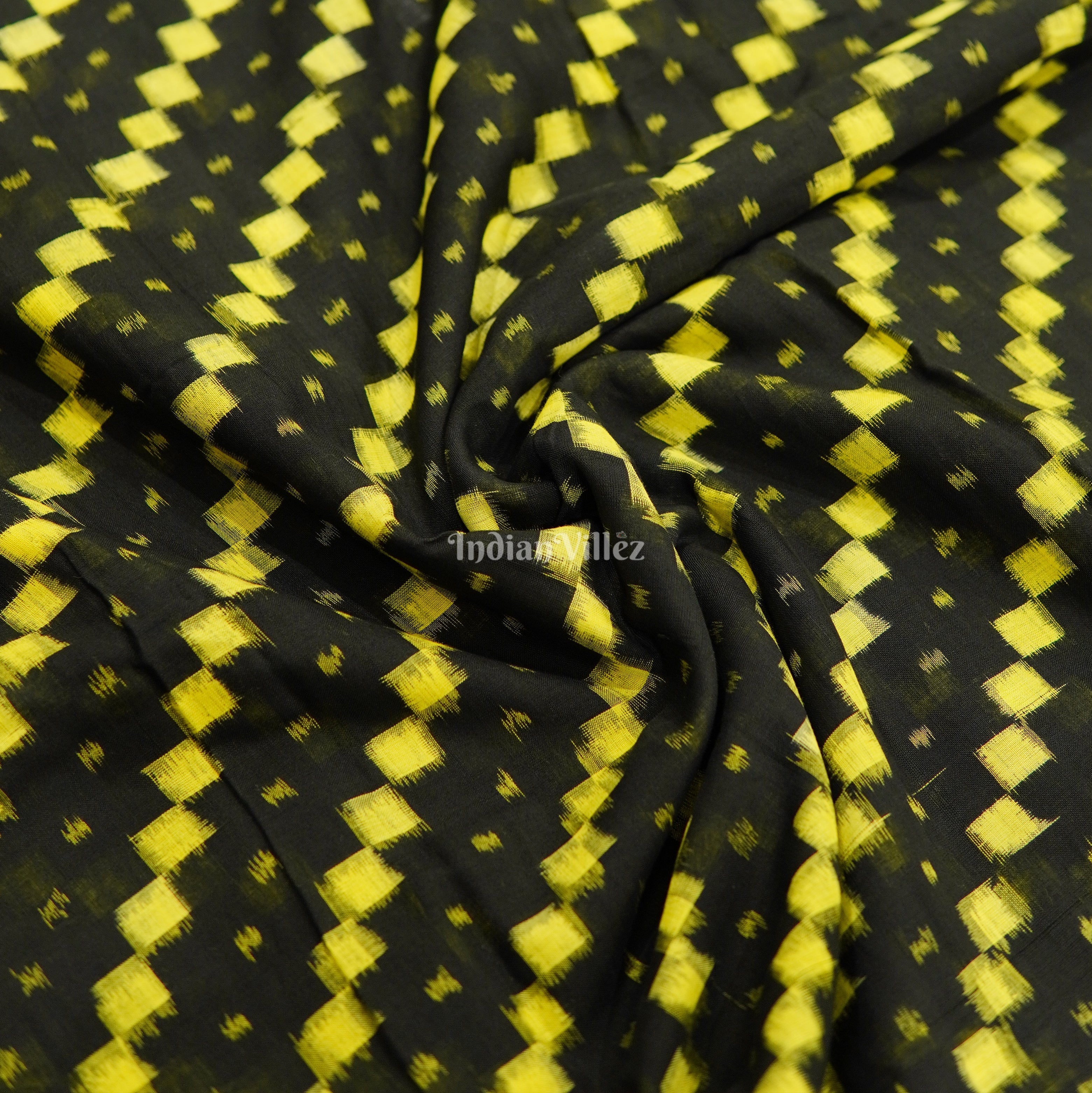 IndianVillèz Black Yellow Tipa Design Sambalpuri Ikat Cotton Fabric