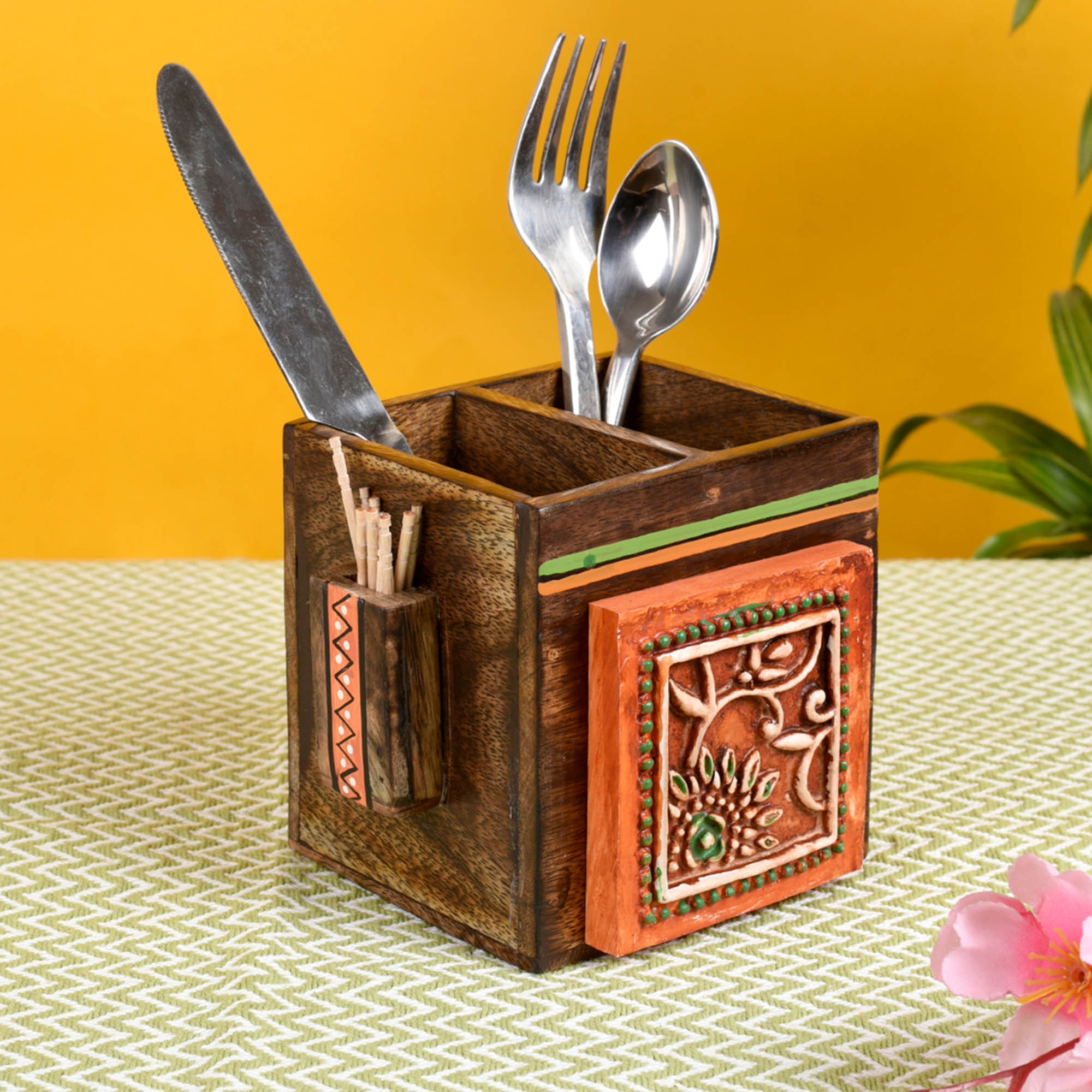 ART CREATIONS BY SUMAN SONTHALIA Brown - Cutlery Holder Handcrafted in Wood with Tribal Art (4.5x4x4")