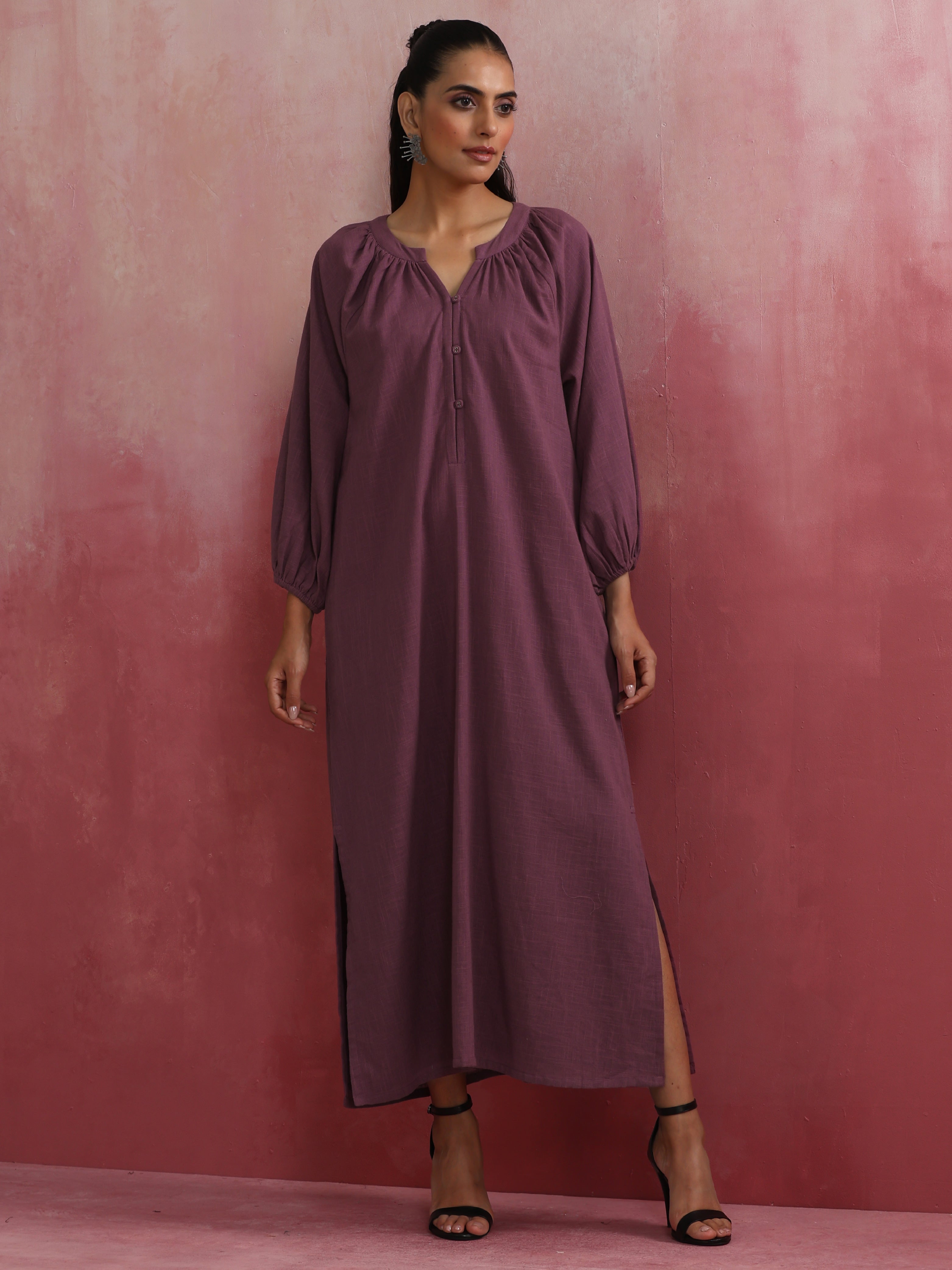 trueBrowns Light Purple Cotton Dobby Dress