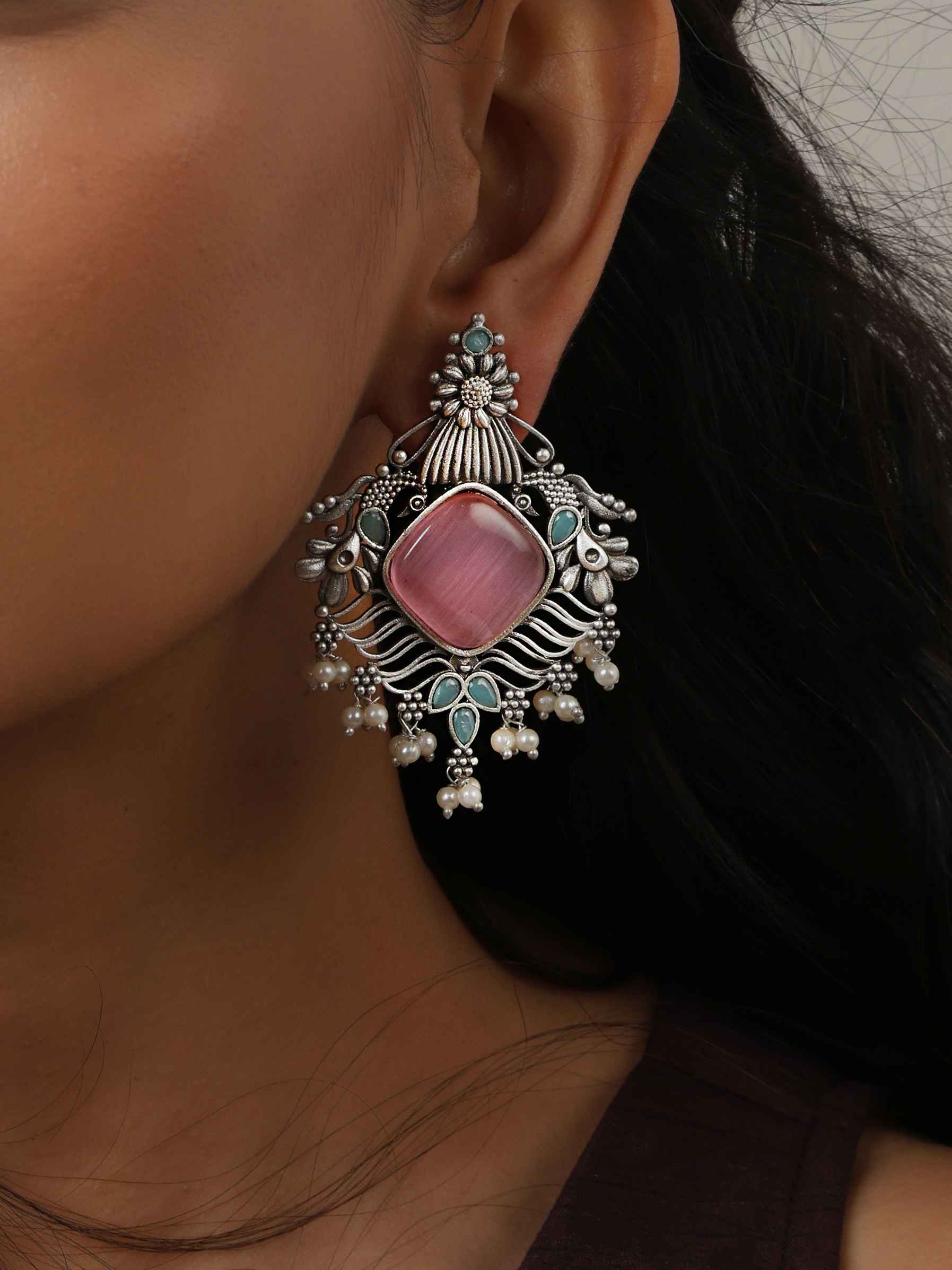 trueBrowns Silver Tone Pink Stone Pearl Drop Earrings - view 2