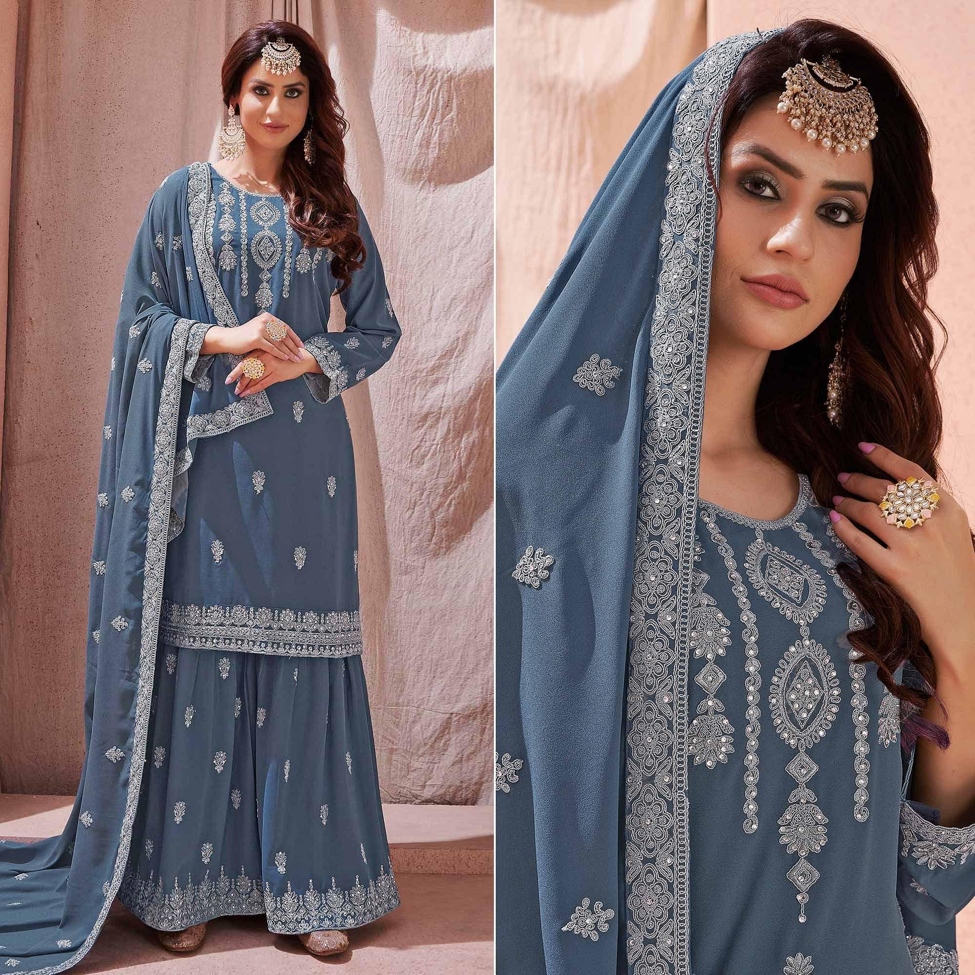 Peachmode Seller Grey Partywear Embroidered With Embellished Georgette Sharara Suit