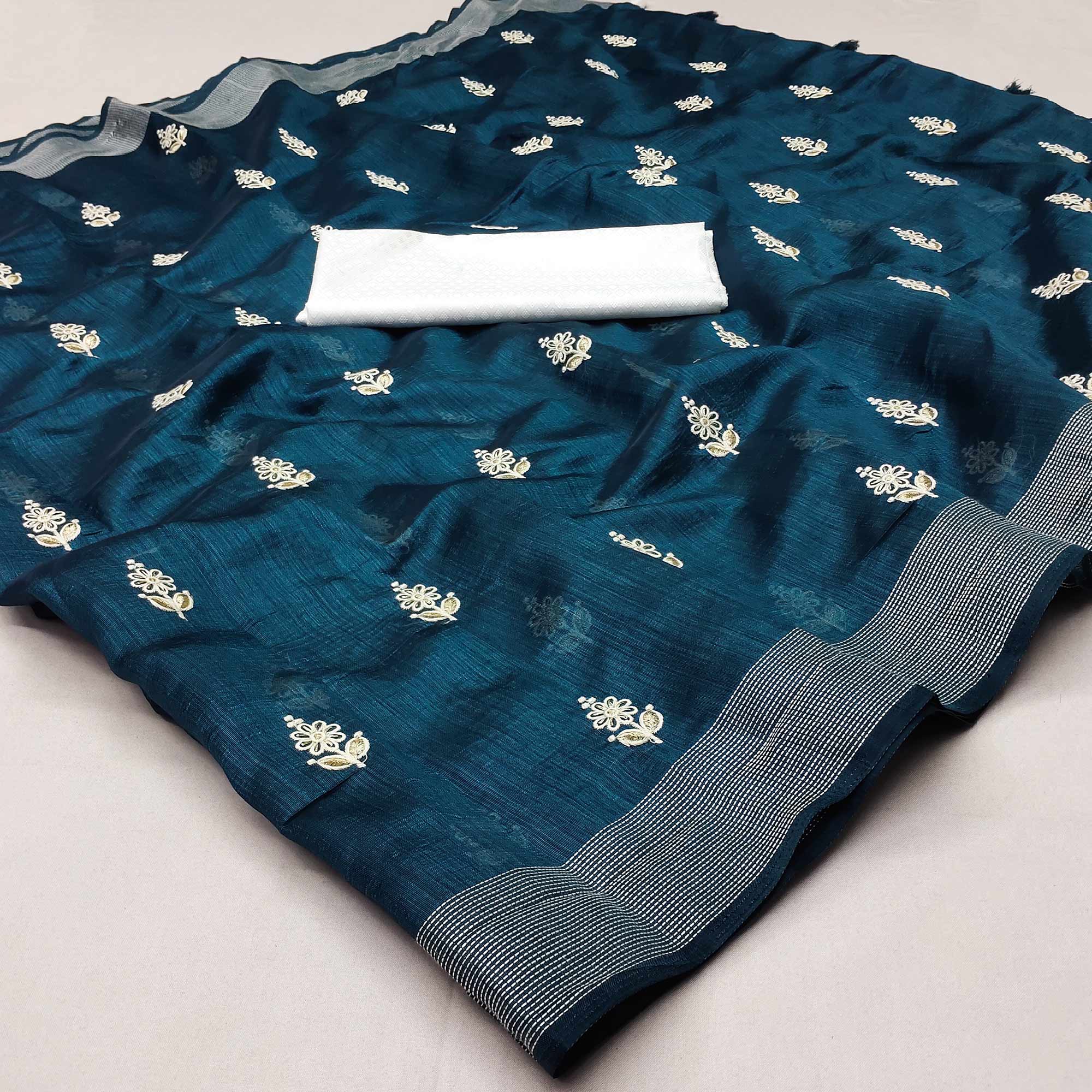 Peachmode Morpich Floral Embroidered Cotton Blend Saree