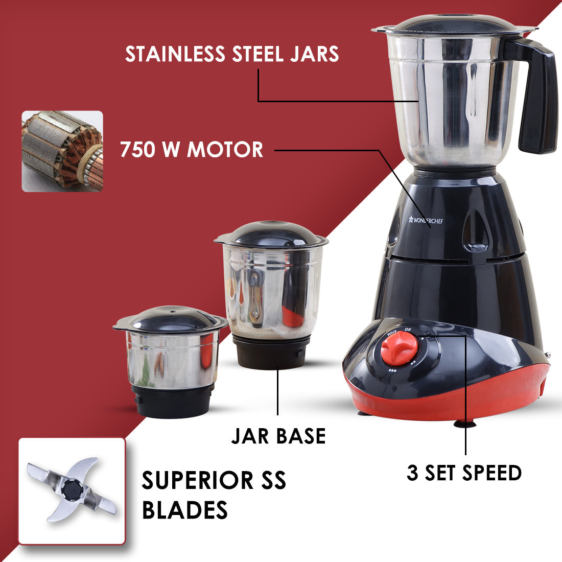 Wonderchef Renewed Capri Mixer Grinder 750W, - view 3