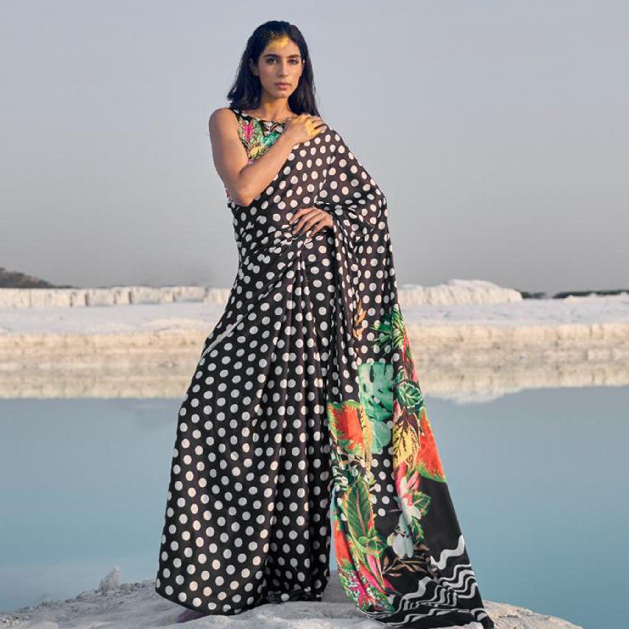 Peachmode Flaunt Black Colored Partywear Digital Printed Japan Satin Crepe Saree