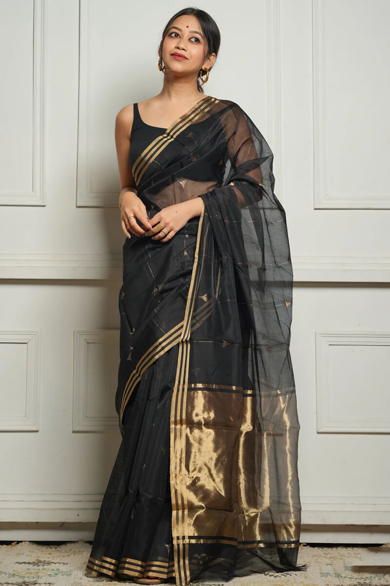 Aayna Imaginative Black Cotton Silk Saree With Desirable Blouse Piece