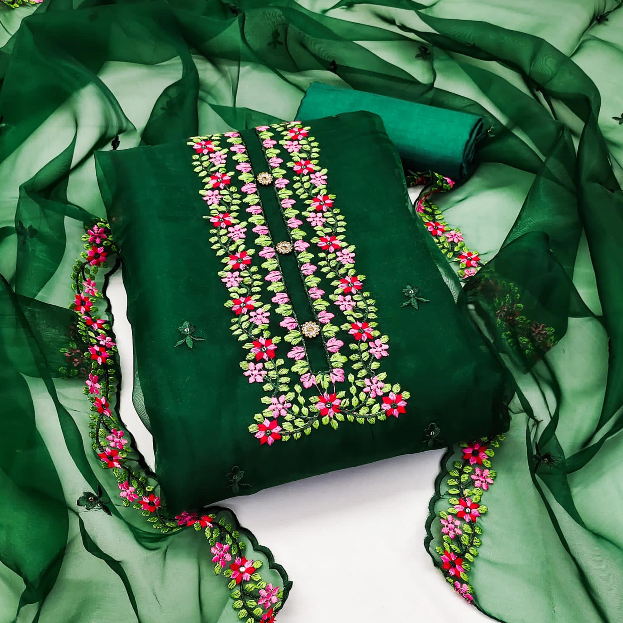 Peachmode Bottle Green Floral Embroidered Organza Dress Material