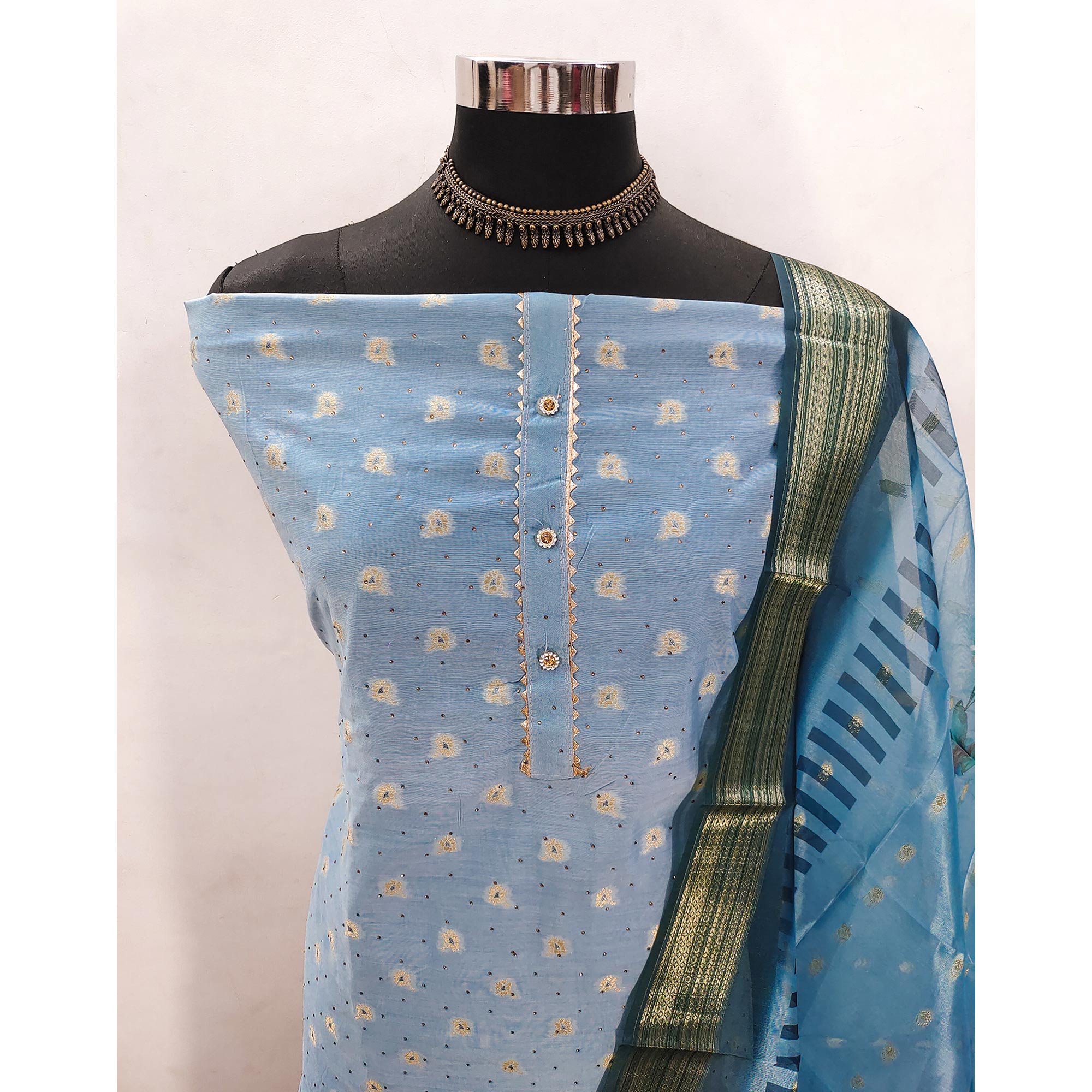 Peachmode Blue Woven With Swarovski Work Banarasi Silk Dress Material - view 4