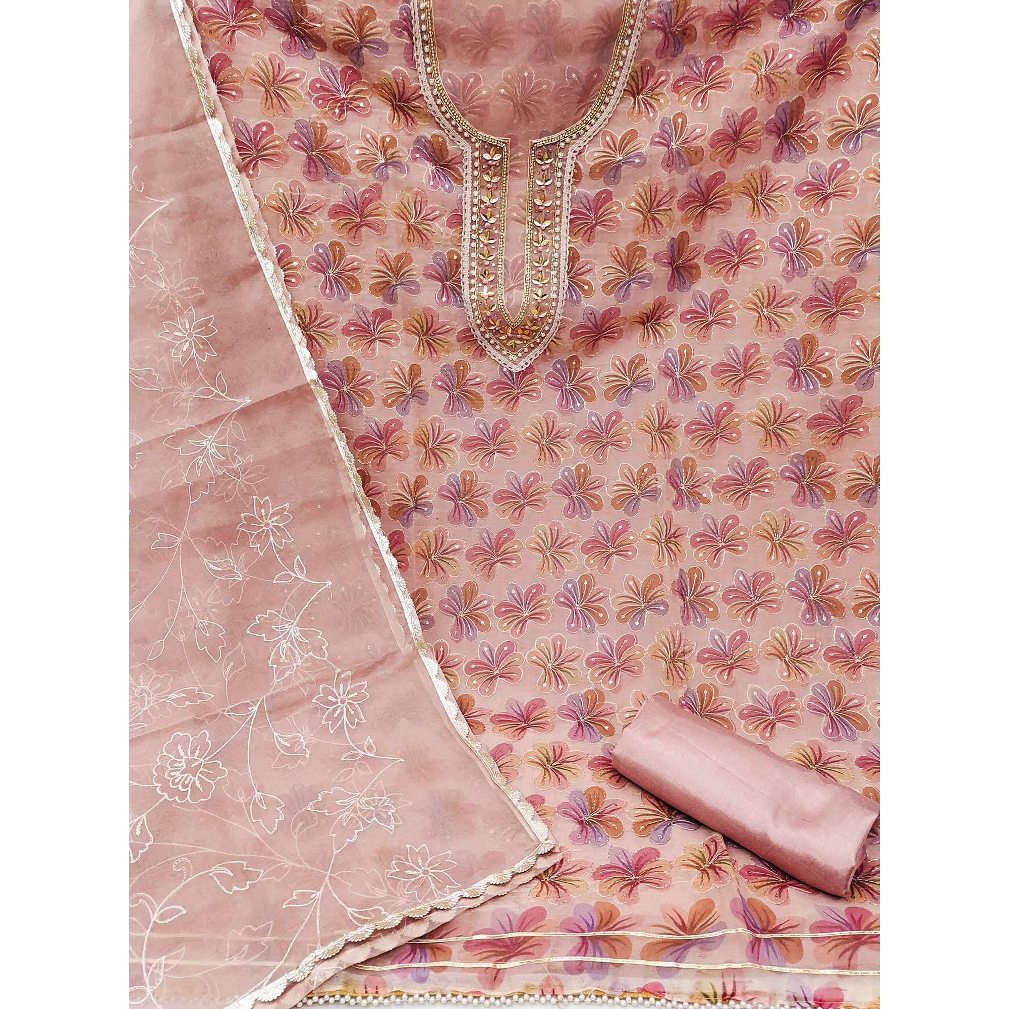 Peachmode Light Mauve Sequins Embroidered Organza Dress Material - view 3