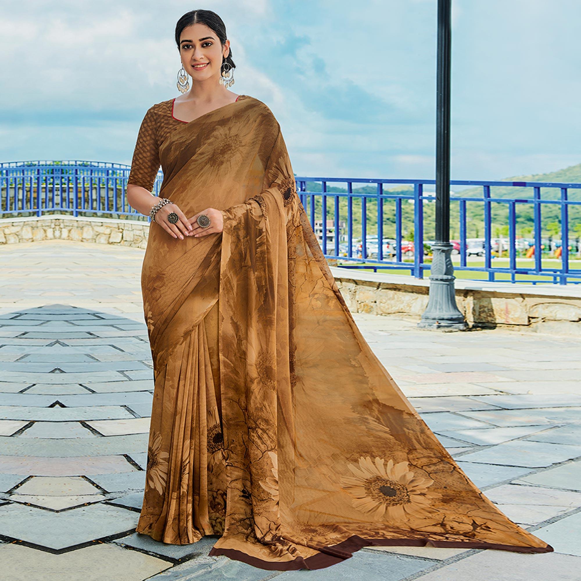 Peachmode Brown Printed Georgette Saree – Women's