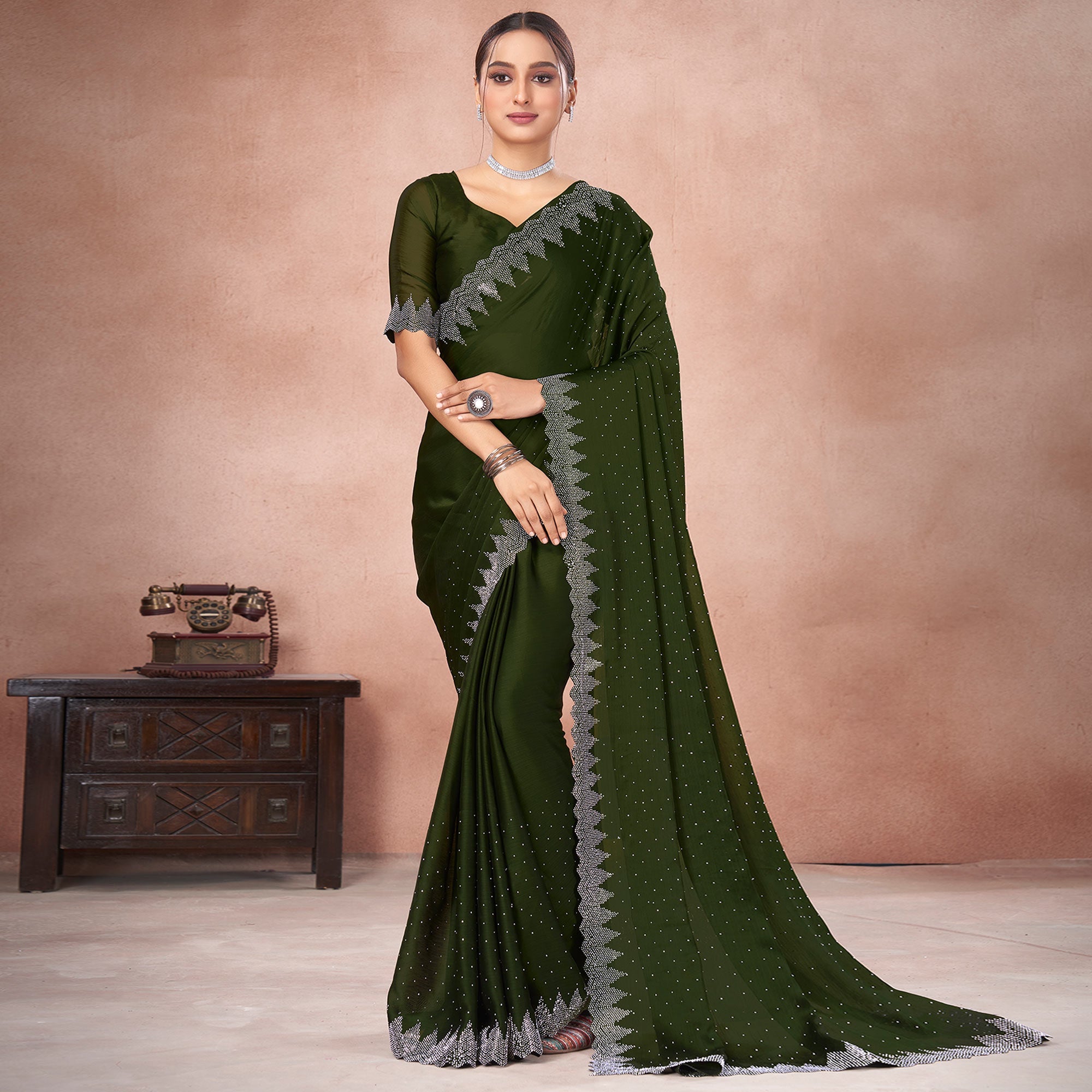 Peachmode Mehendi Green Swarovski Work Satin Saree - view 2