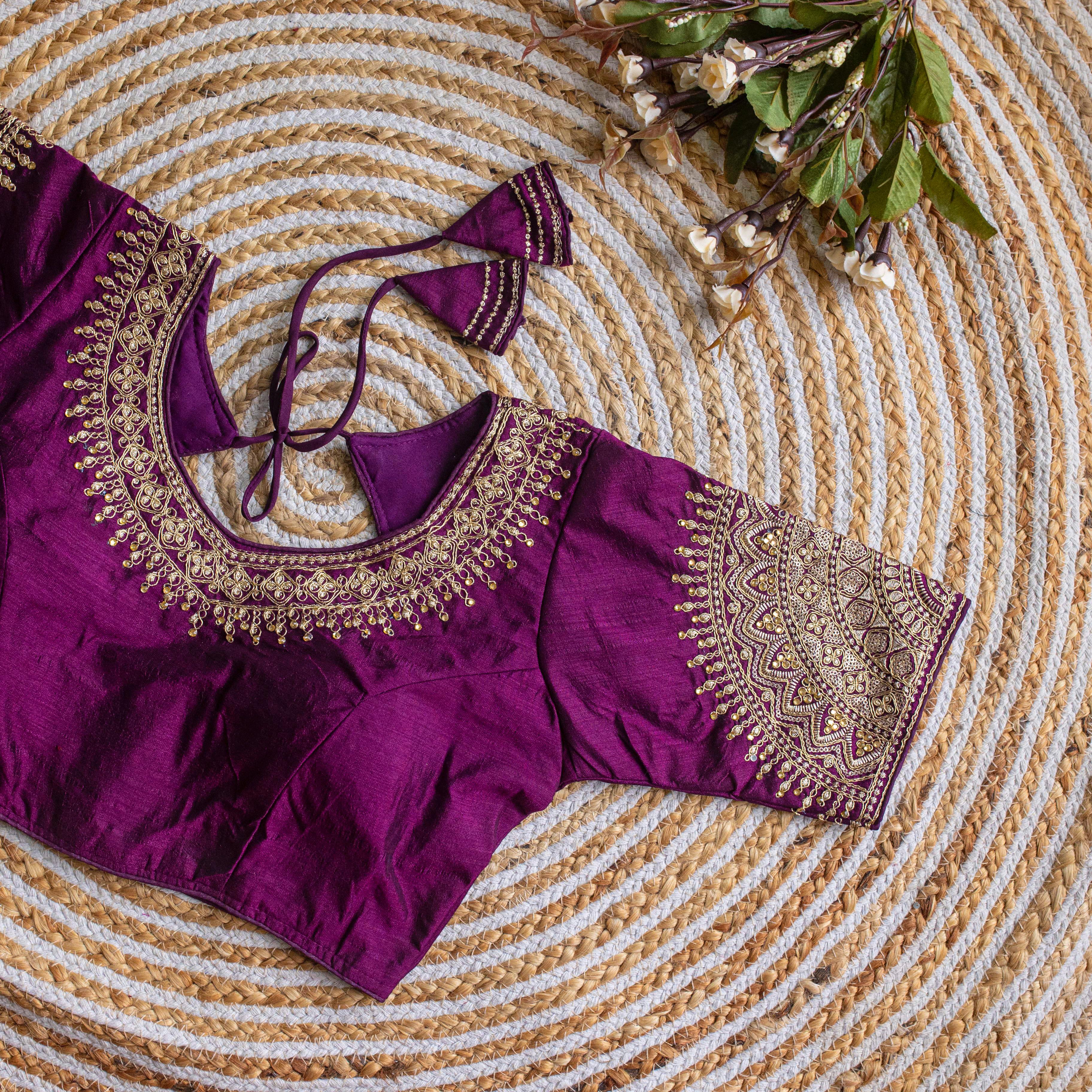 ClothsVilla Dark Purple Luxurious Lucknowi Silk Blouse with Golden Embroidery and Sequins