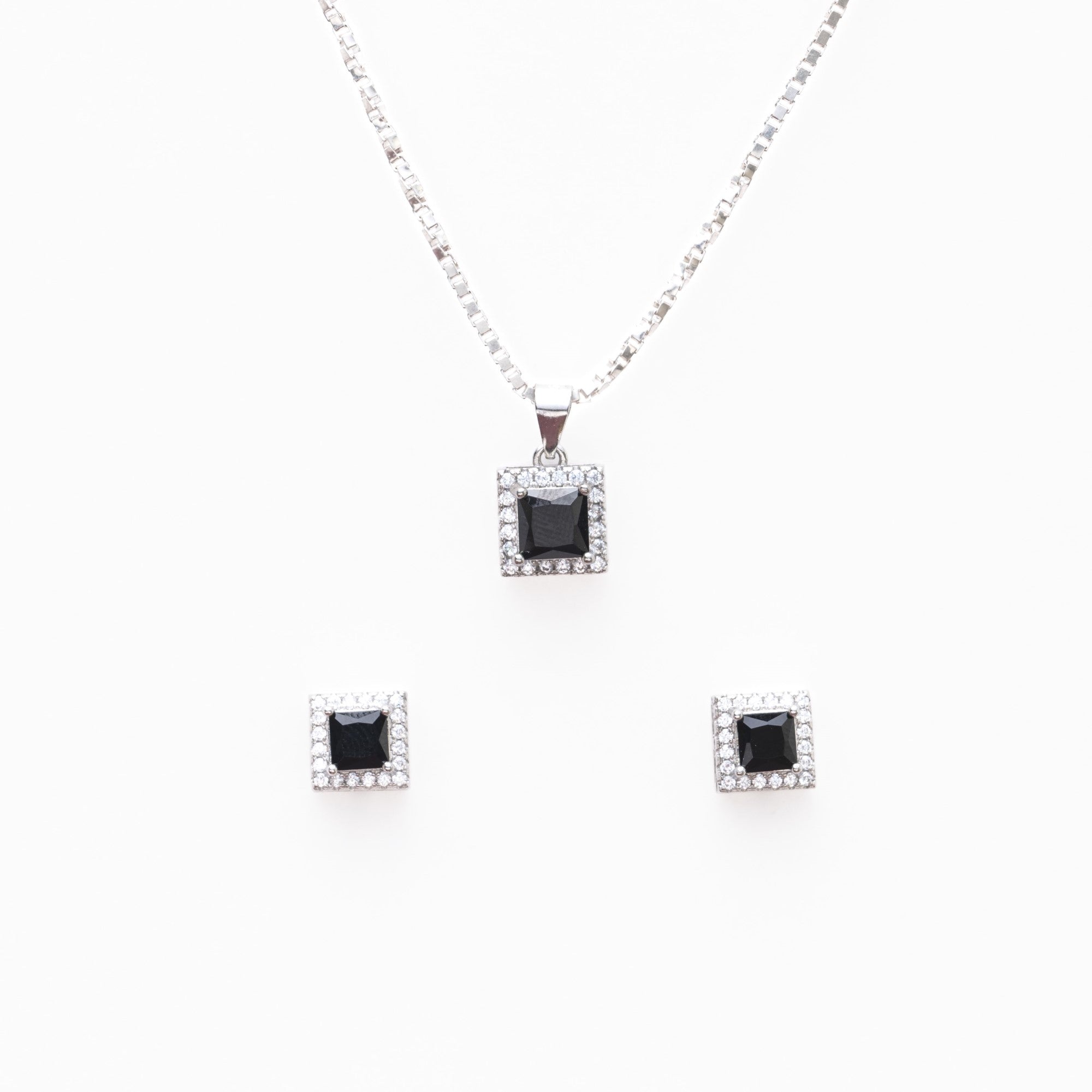 Prinjal Jewellers Silver set Chain square pendant and earrings with black stones for women - view 4