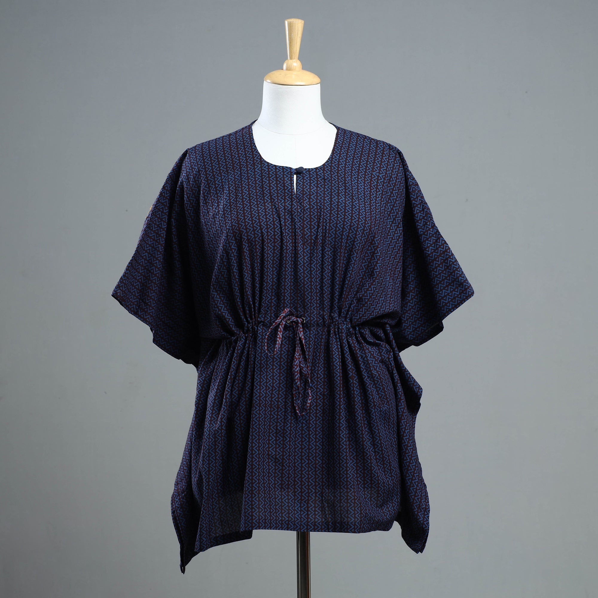 ITOKRI CASUALS Blue - Bagh Block Printed Cotton Kaftan with Tie-Up Waist (Short)