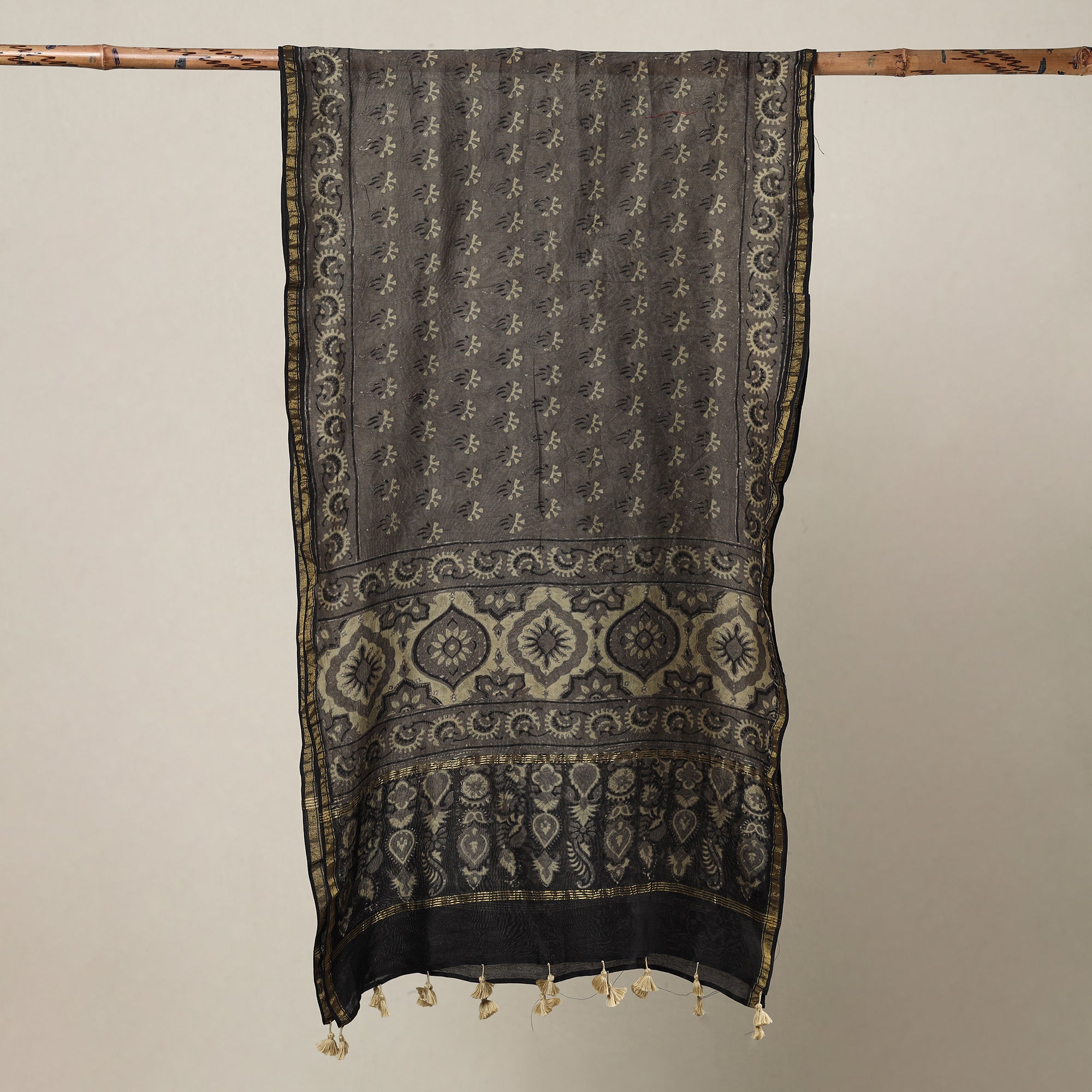 AJRAKH BY SUFIYAN ISMAIL KHATRI Brown - Ajrakh Hand Block Printed Chanderi Silk Handloom Stole with Tassels - view 2