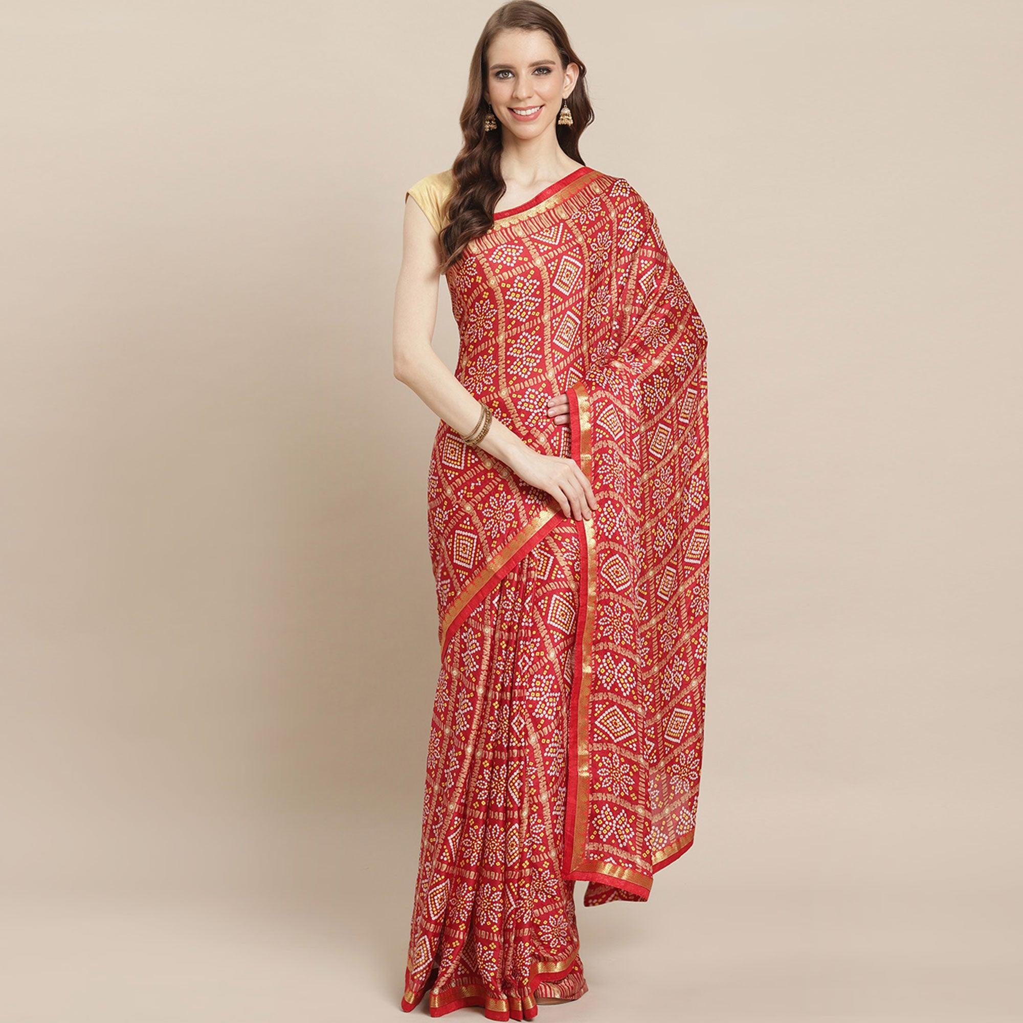 Peachmode Hypnotic Red Colored Festive Wear Woven Moss Georgette Saree