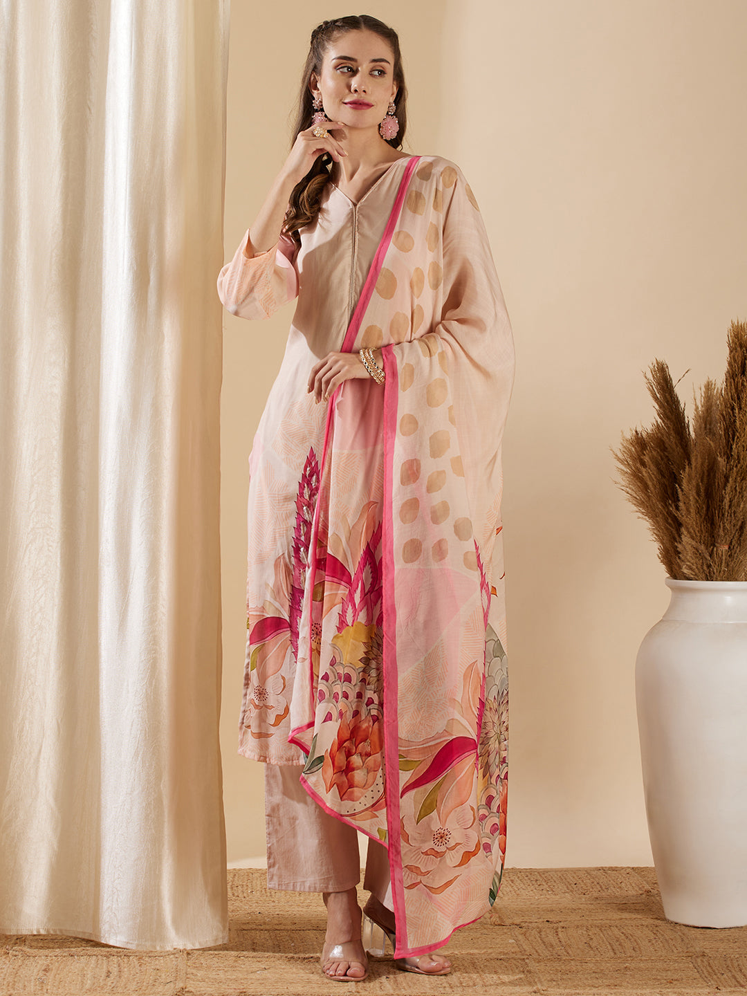 Fashor Floral Abstract Printed & Embroidered Straight Kurta with Pant & Dupatta - Rose Gold