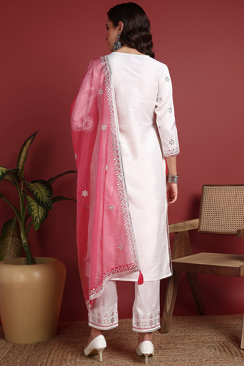 Ahika White Silk Blend Solid Embroidered Straight Suit Set PKSKD2422 - view 4