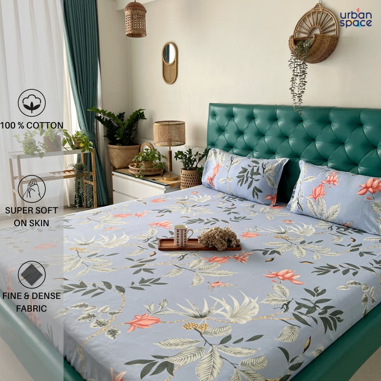 Urban Space -Home Furnishing Store Serene 200 TC 100% Cotton Single Printed Bedsheet with Pillow Covers - Bloom Ray Blue Grey - view 2