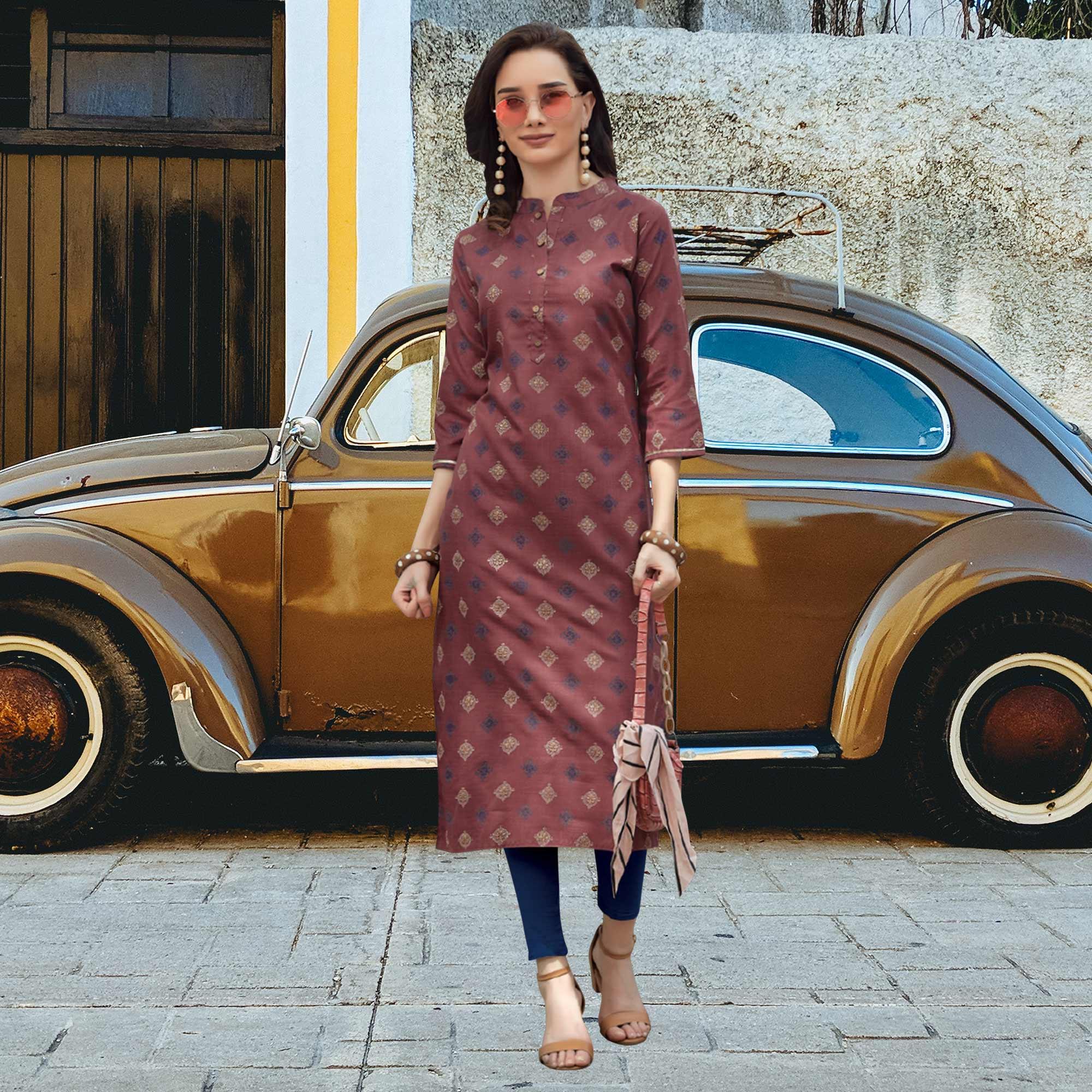 Peachmode Seller Mauve Printed Cotton Blend Kurti - view 2