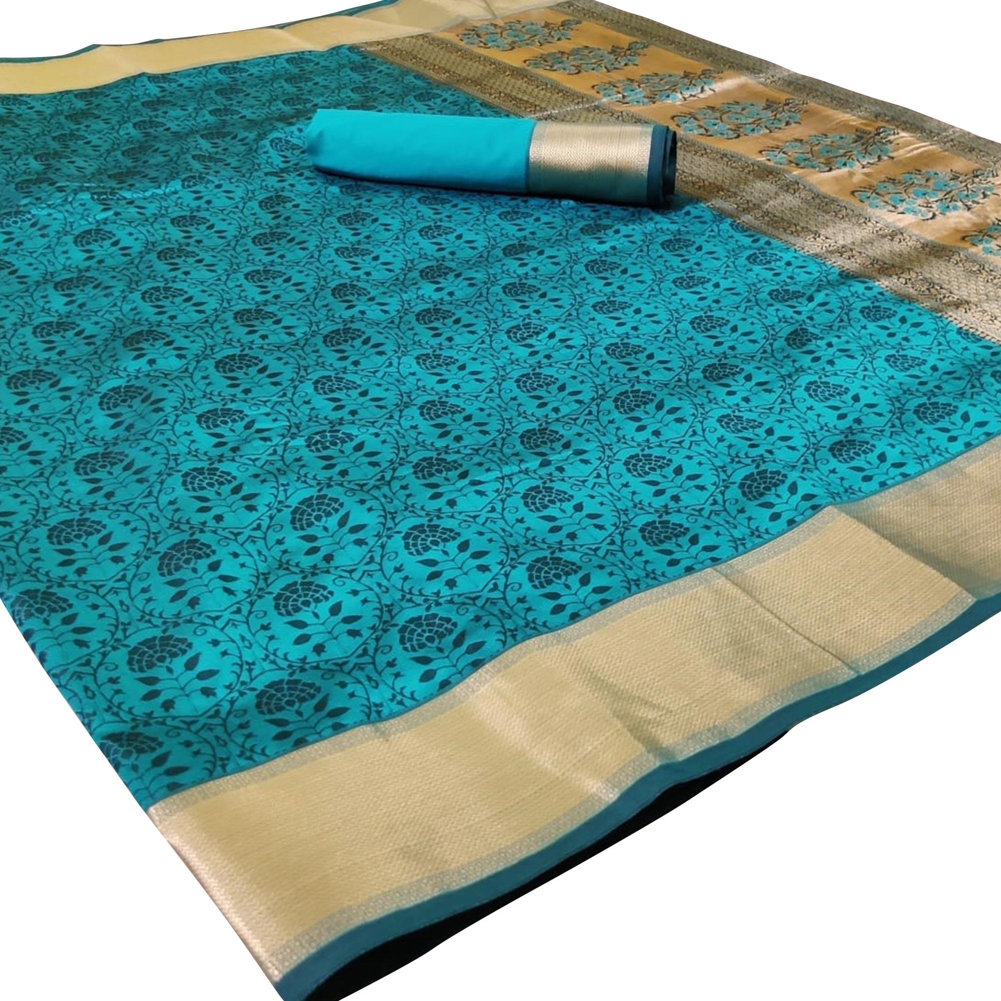 Peachmode Captivating Aqua Blue Colored Festive Wear Woven Heavy Silk Saree