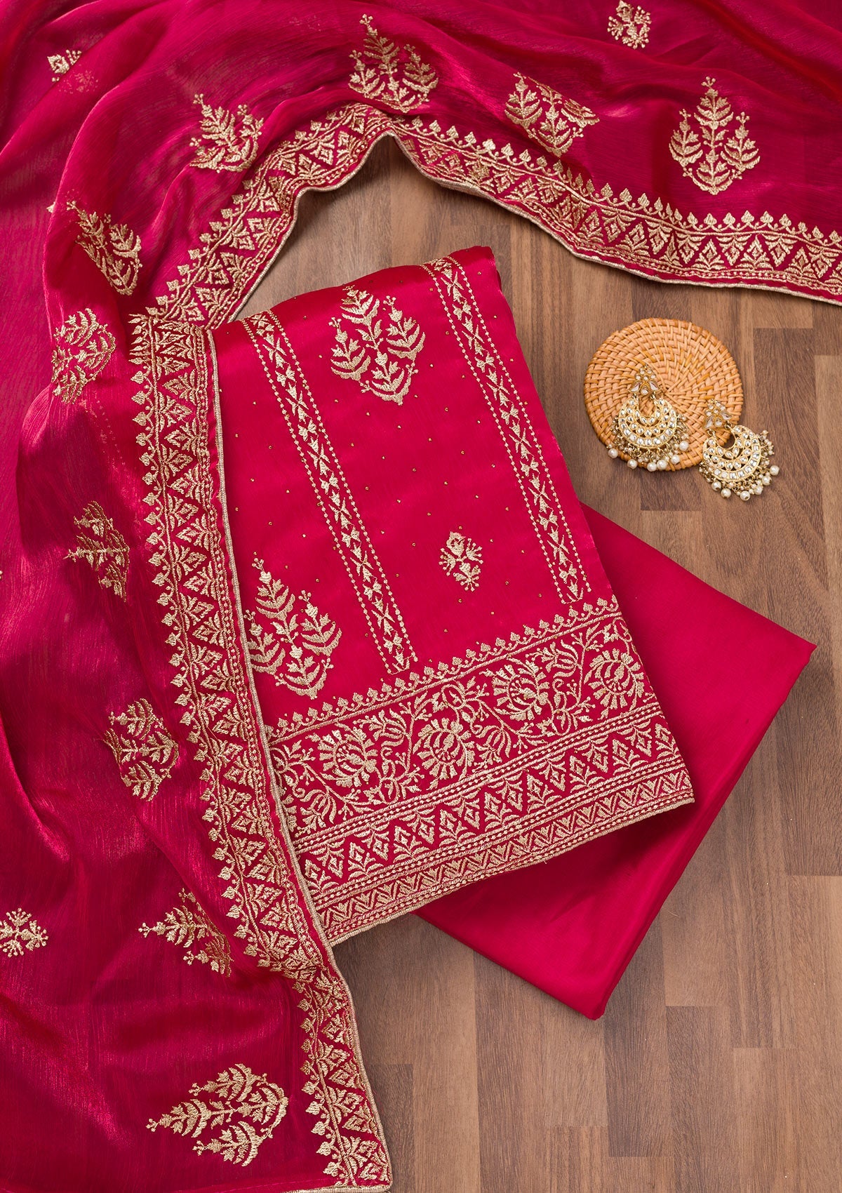 Koskii Rani Pink Zariwork Semi Crepe Unstitched Salwar Suit