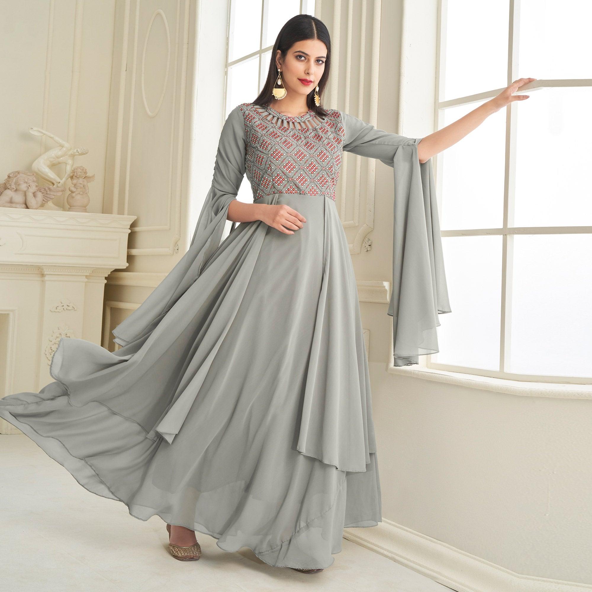 Peachmode Seller Grey Partywear Embroidered with Handwork Heavy Georgette Gown